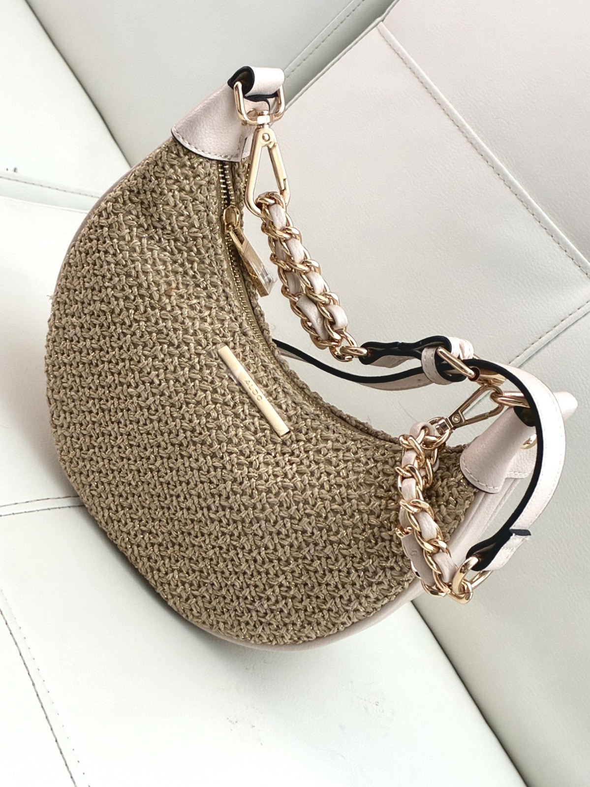 Aldo Beige Woven Crescent Shoulder Bag Small Zip Gold Chain Strap