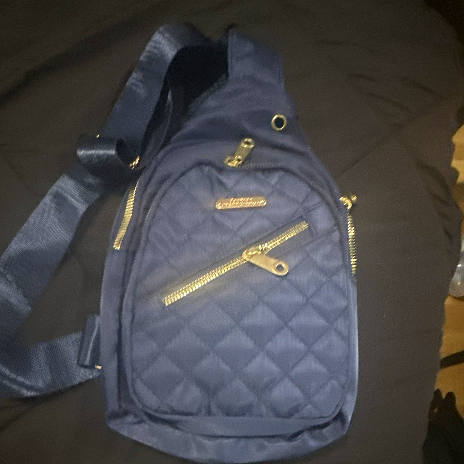 Womens Blue Quilted Sling Bag Crossbody Strap Gold Hardware Multiple Zips