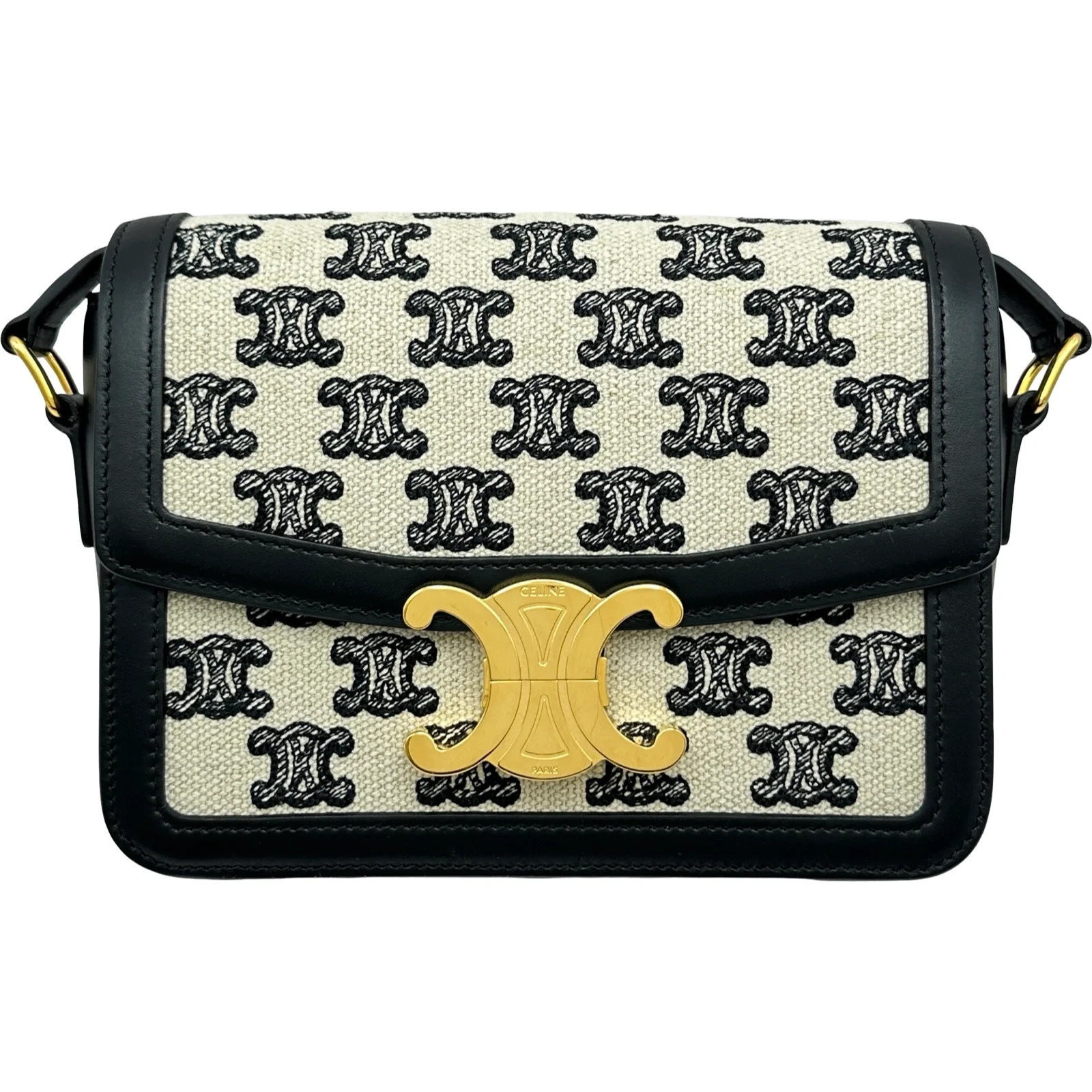 CELINE Trapeze Triomphe Black Canvas Shoulder Bag 188882 #OKB6633
