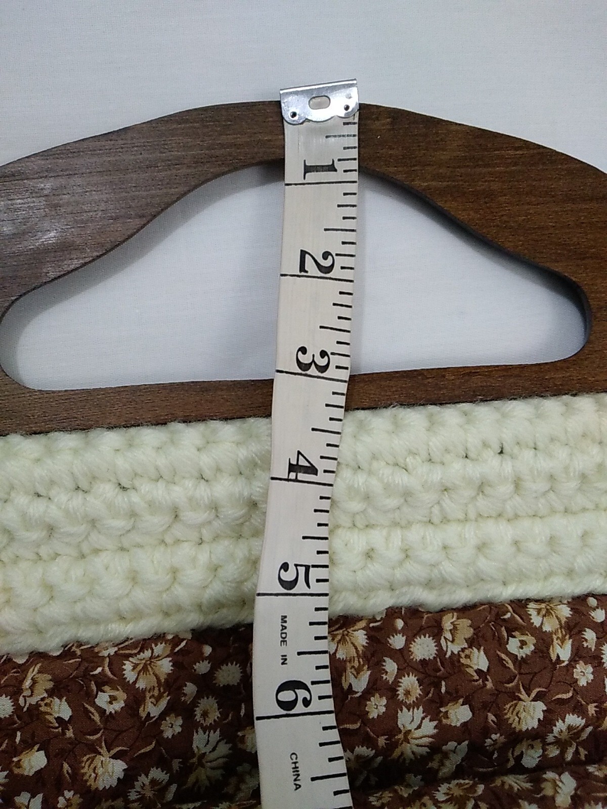Homemade Boho Ivory Hand Crochet Clutch Wooden Handle Lined with Quilting Fabric