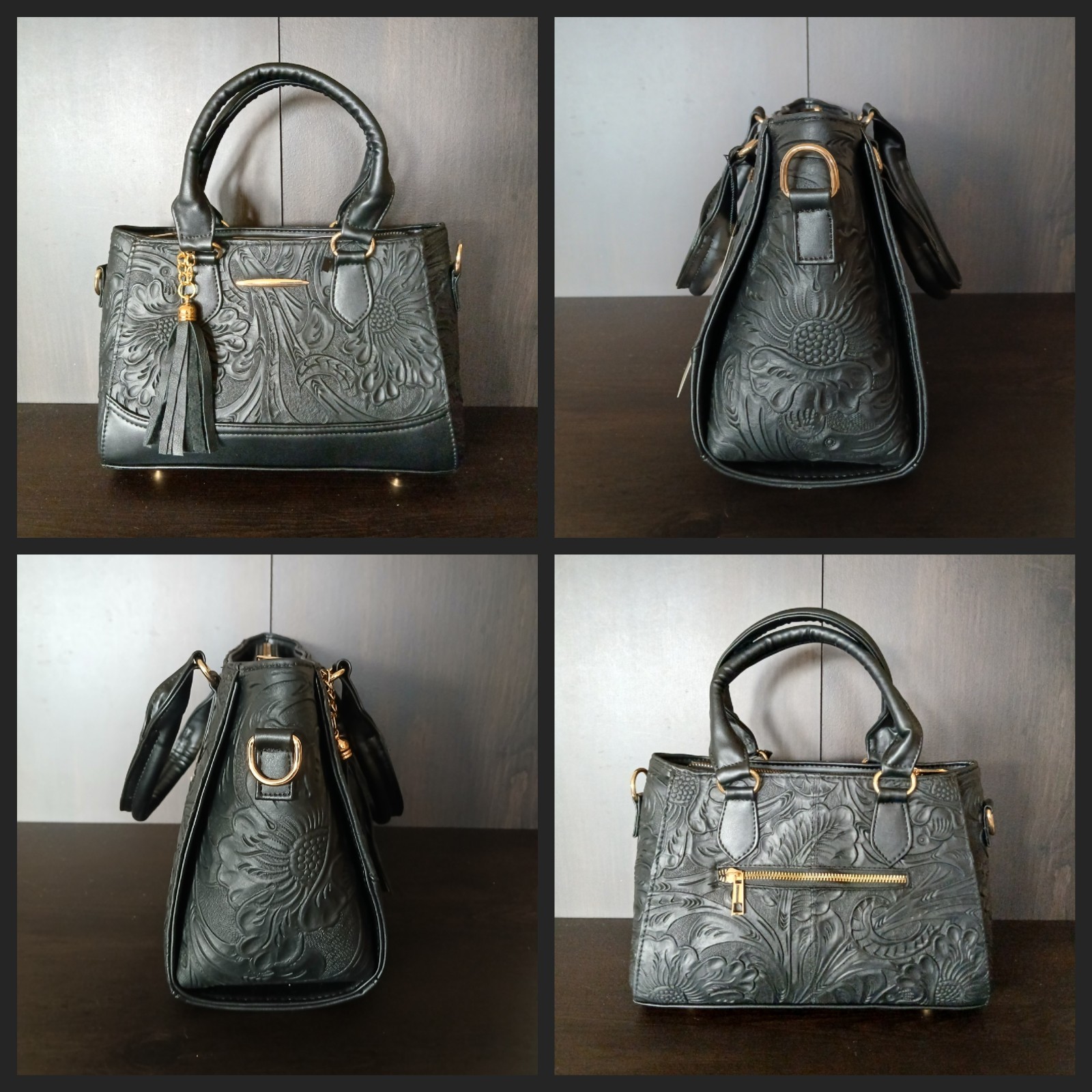 Black Tasseled Floral Embossed Tooled Artisan LEATHER Crossbody bag Purse