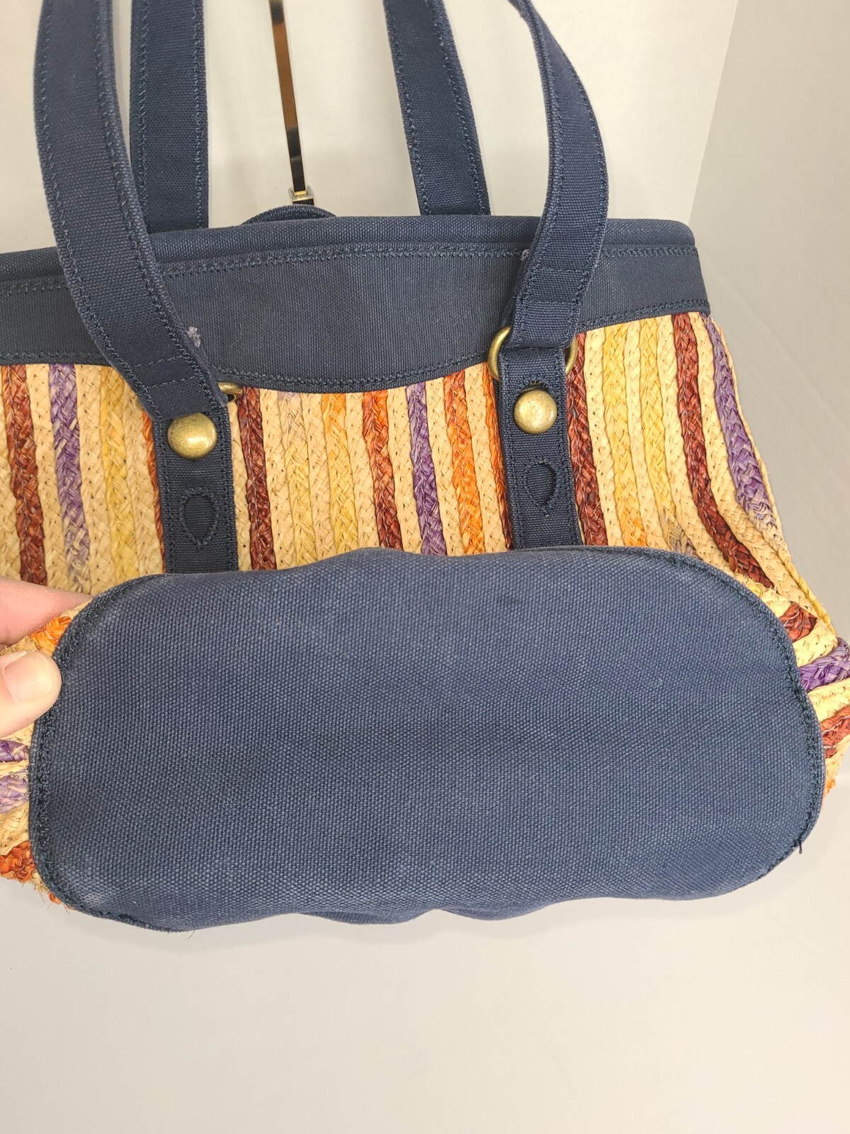 Lucky Brand Multi Colored Striped Straw With Denim Accents Purse Clean