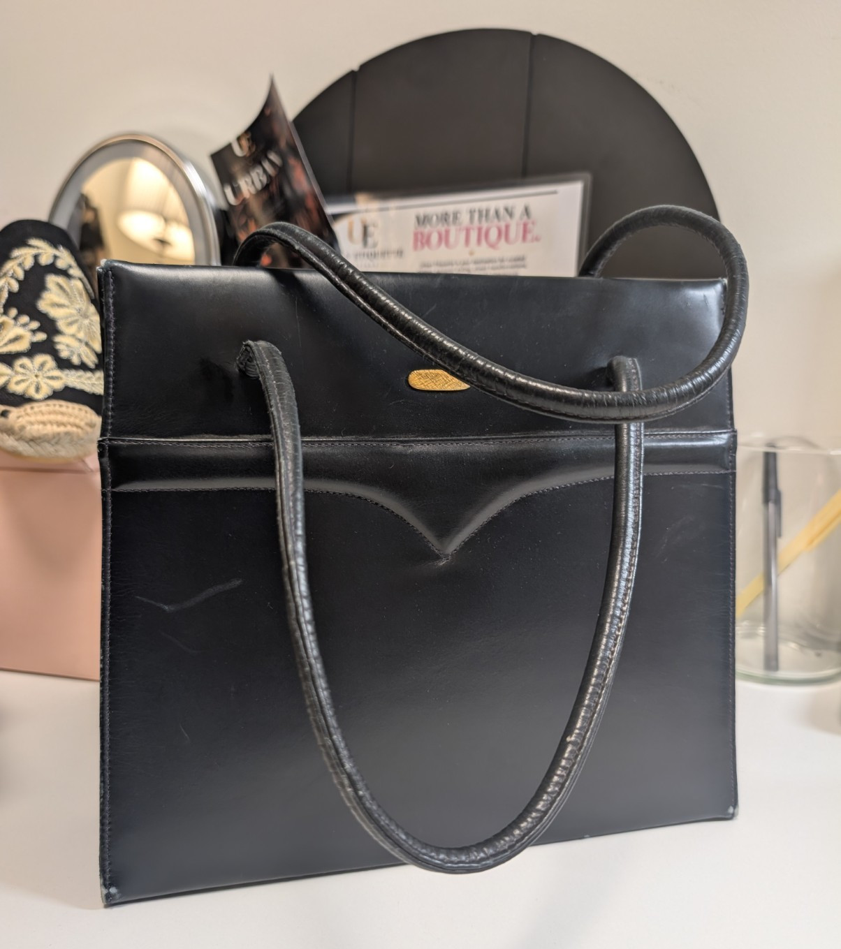 René Caovilla Women’s Black Tote Bag, Burgundy Lining, Gold Hardware, Logo