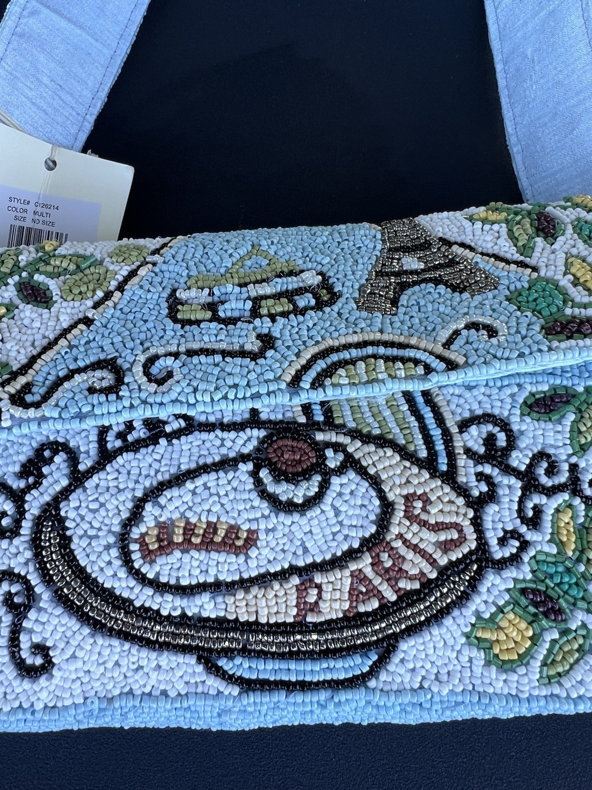 Sol and Mer Paris Cafe Eiffel Tower Cafe Scene Blue Beaded Shoulder Bag Purse