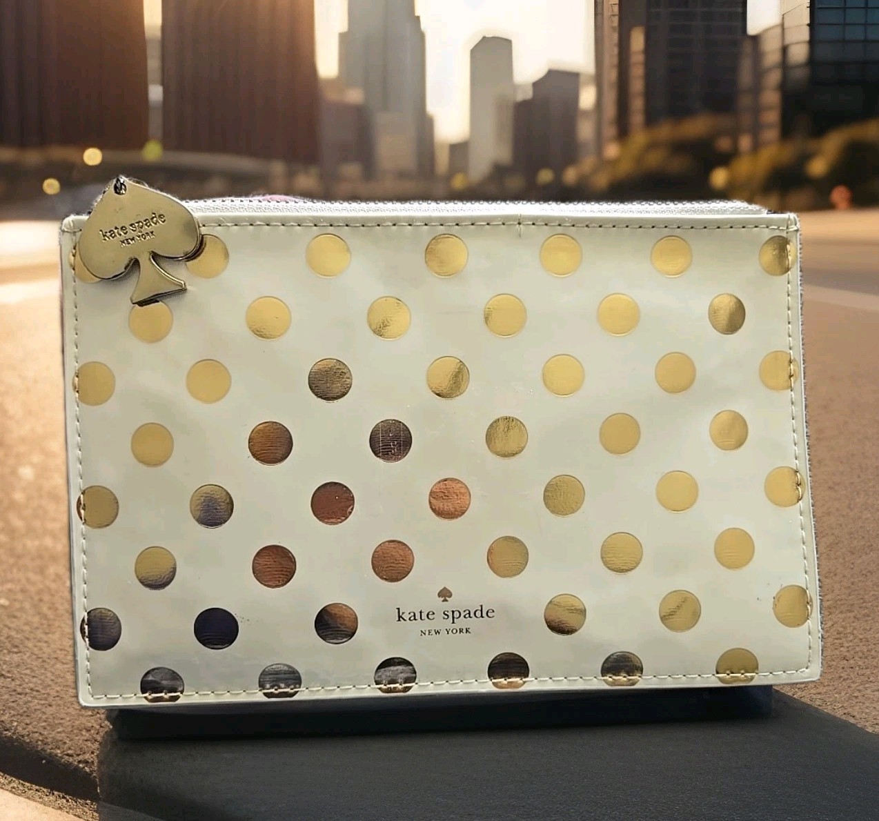 Kate Spade Cream And Gold Polka Dot Zip Cosmetic Or Pencil Pouch