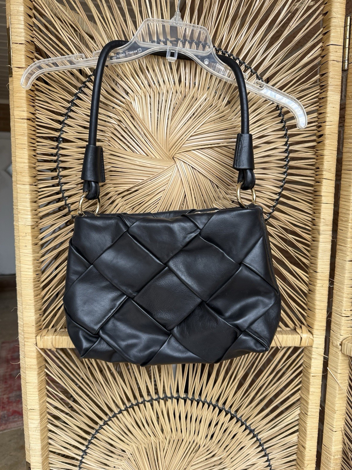 Black Valentina Fiore Italian Leather Shoulder Bag Purse Woven 12x9x4 in