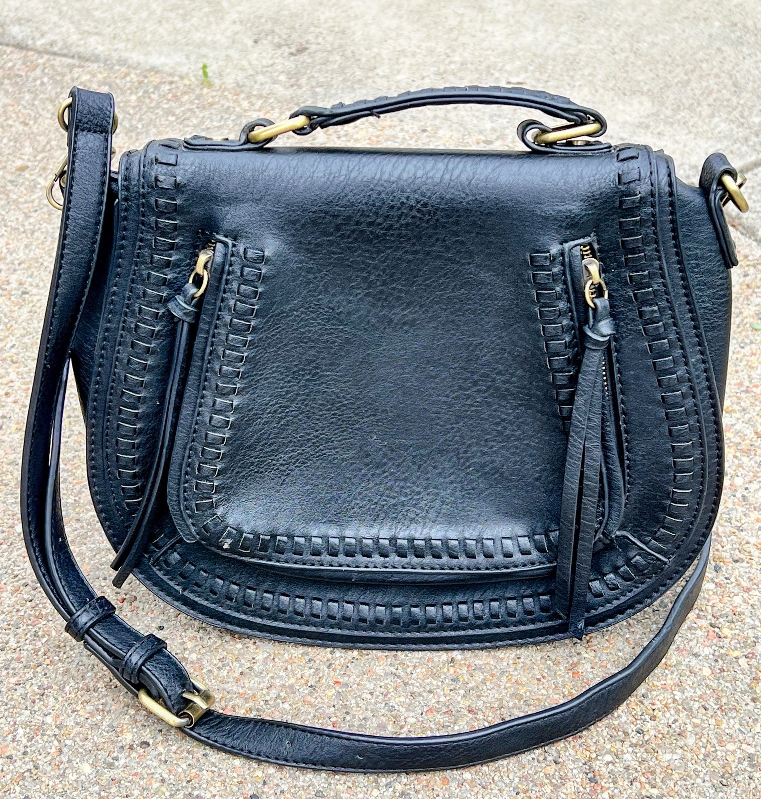 Madison West Concealed Carry Crossbody Purse Black PU Leather Whipstitch