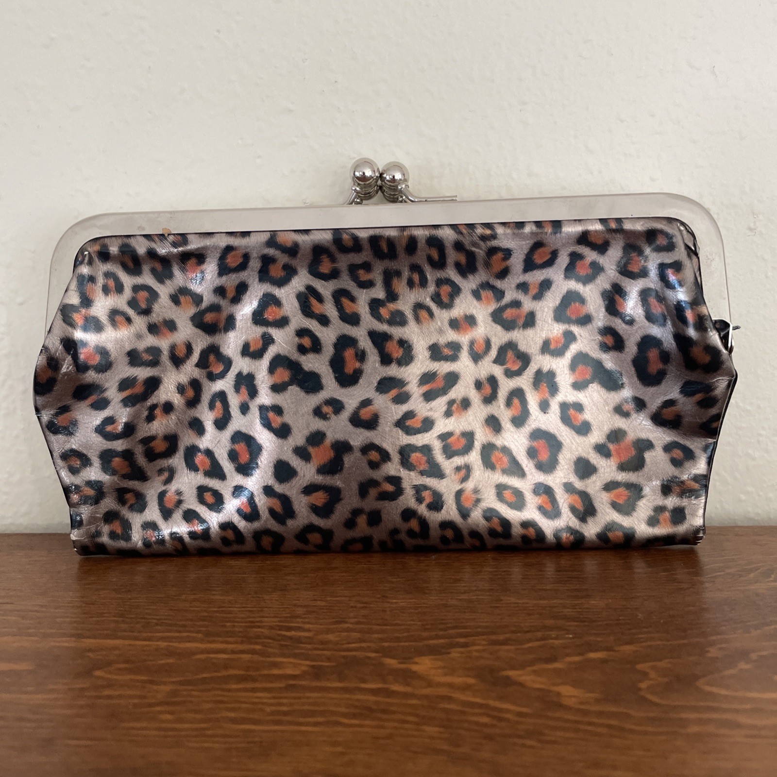Leopard Cheetah Print Vinyl Clutch Wallet Rock Chic Grunge 00’s Double Kisslock