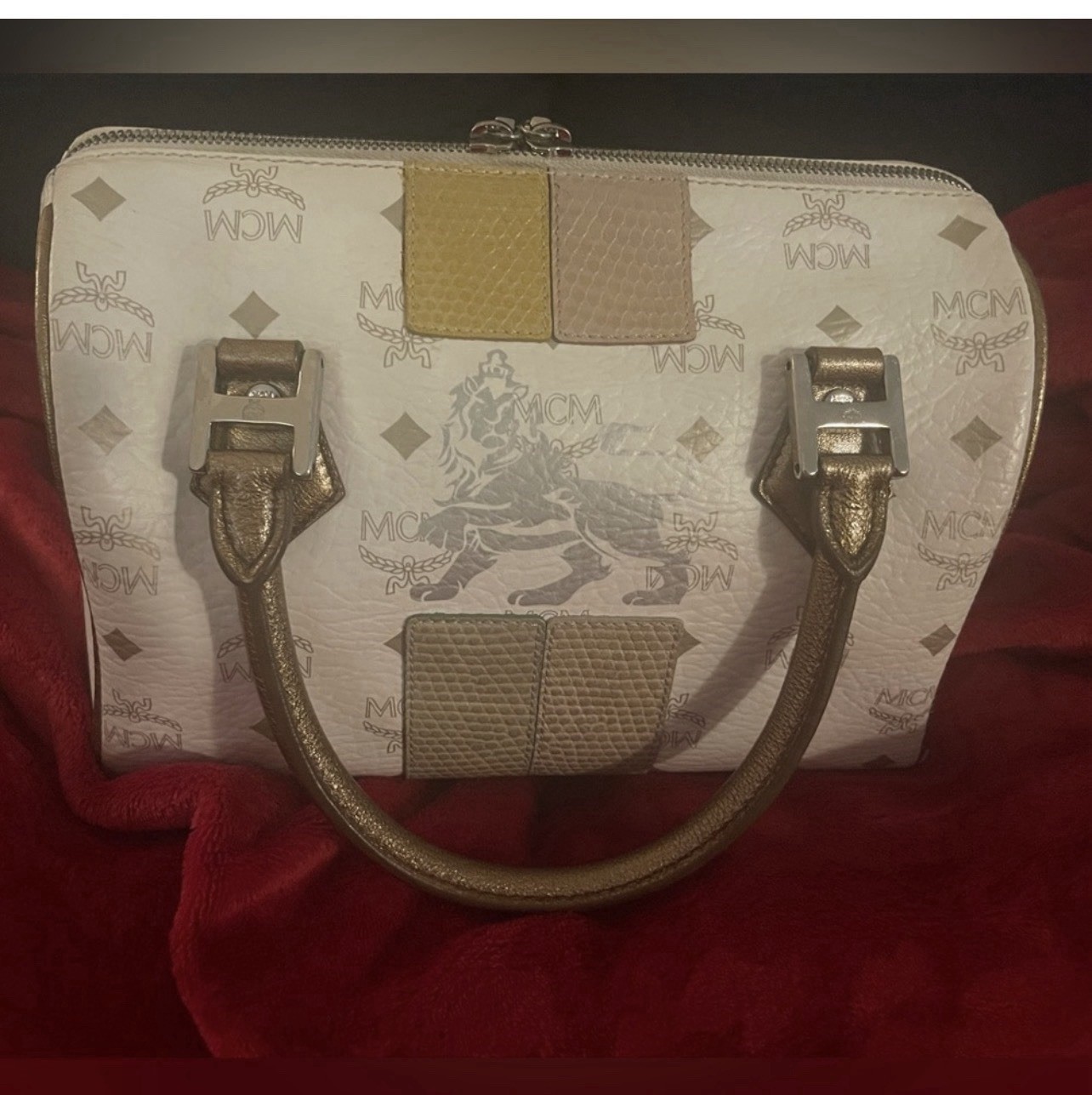 MCM Visetos Leather White Boston Bag Monogram Satchel Top Handle Zip Closure