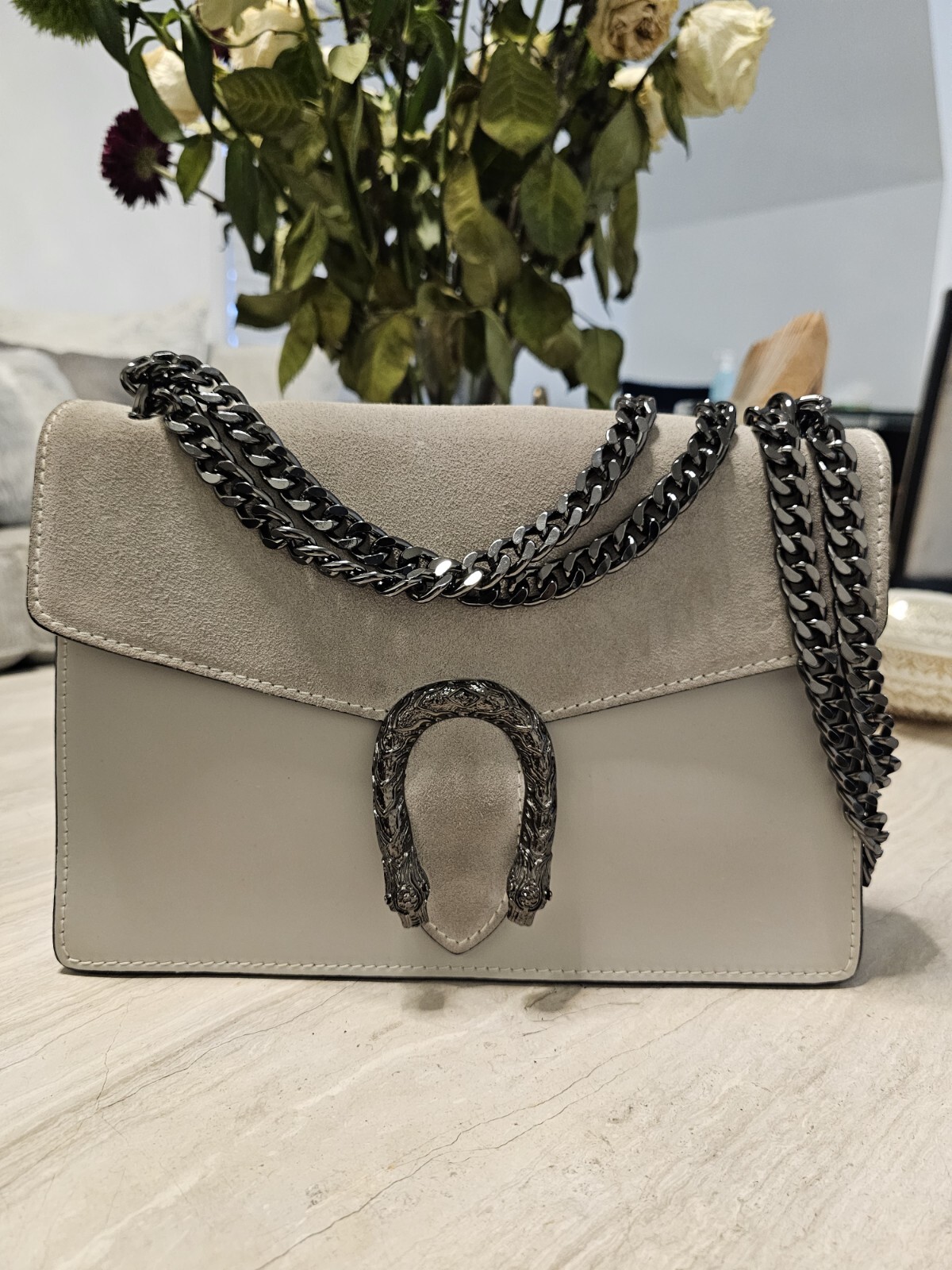 Vera Pelle Suede Leather Handbag Adjustable Crossbody Purse Snake Button/Closure