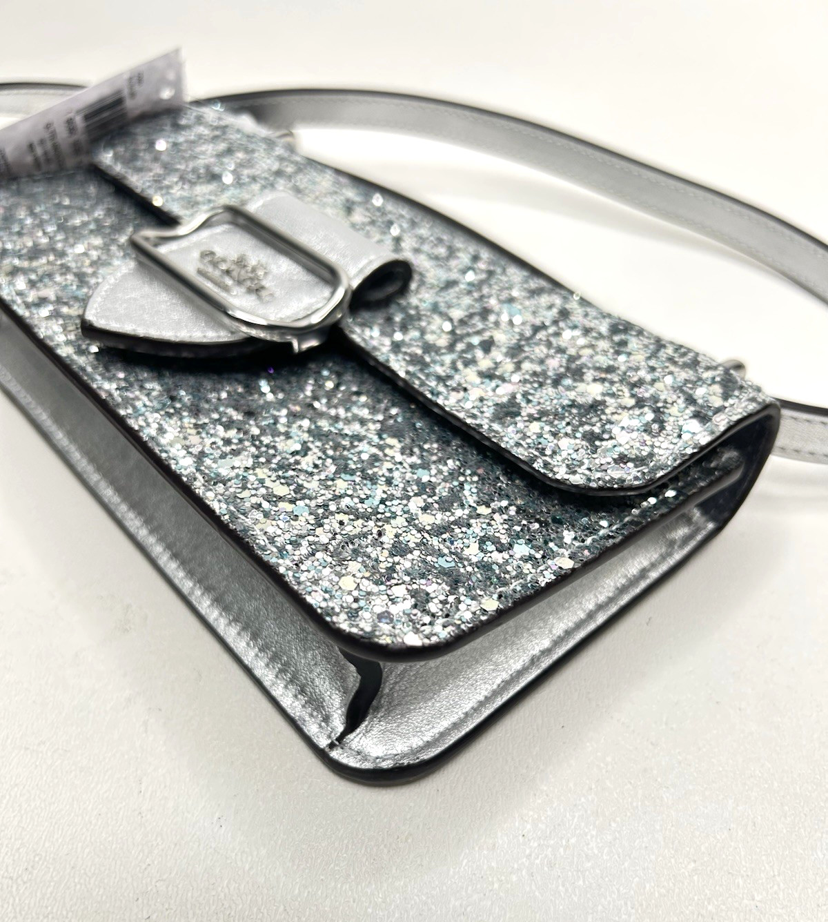NWT COACH Morgan Crossbody / Clutch Bag in Silver Glitter Leather CO925 $360
