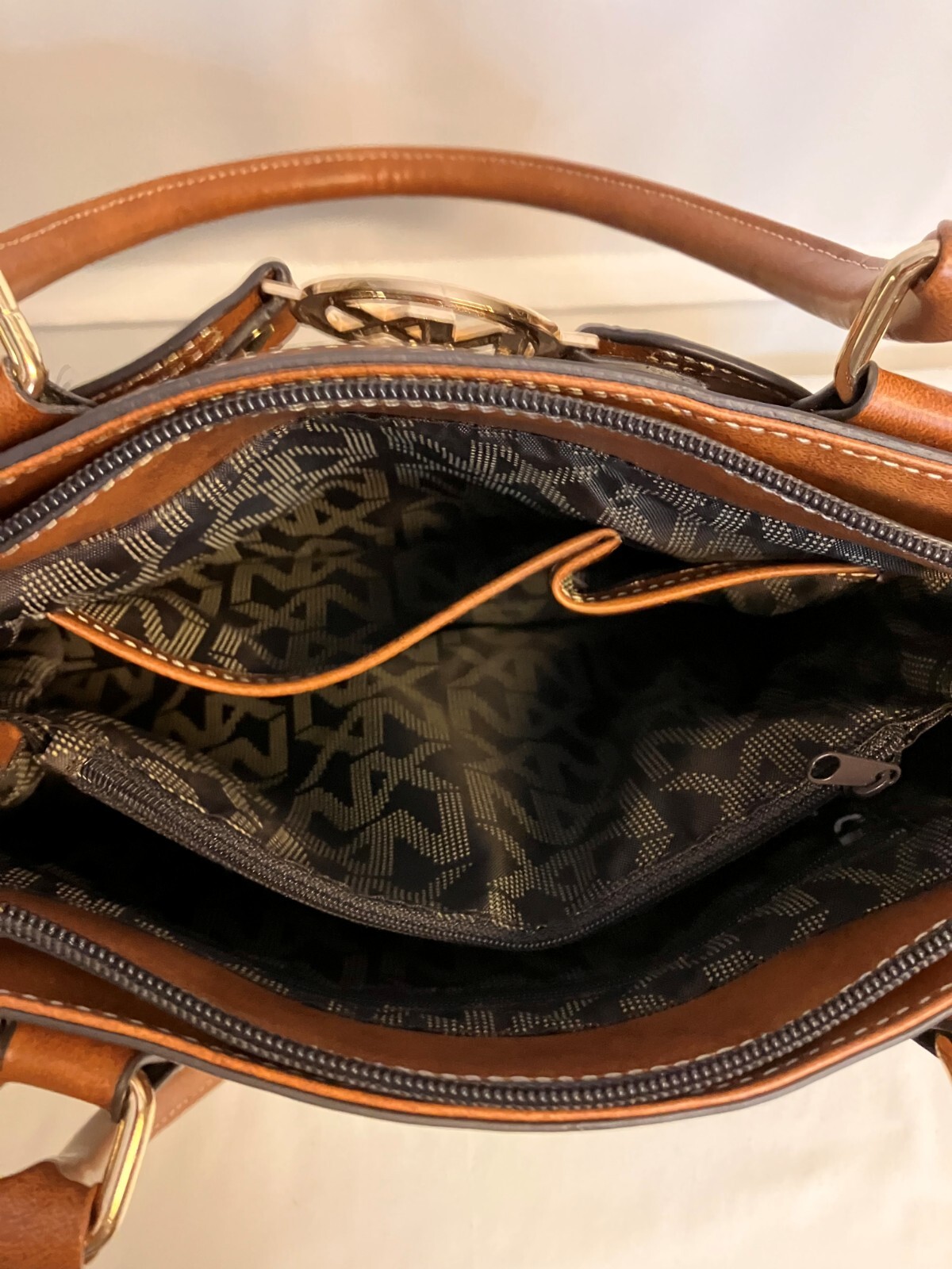 NX Monogram Logo Camel Tan Brown Double Handle Faux Leather Handbag NWOTS!