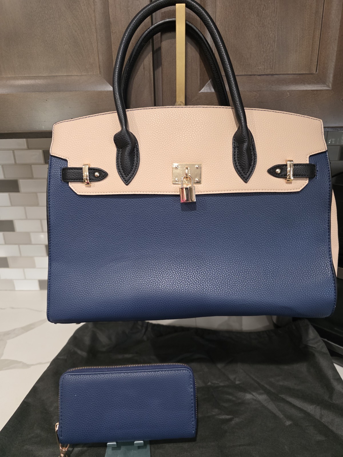 Navy Beige Colorblock Satchel Top Handle Bag Gold Hardware Coin Purse Set