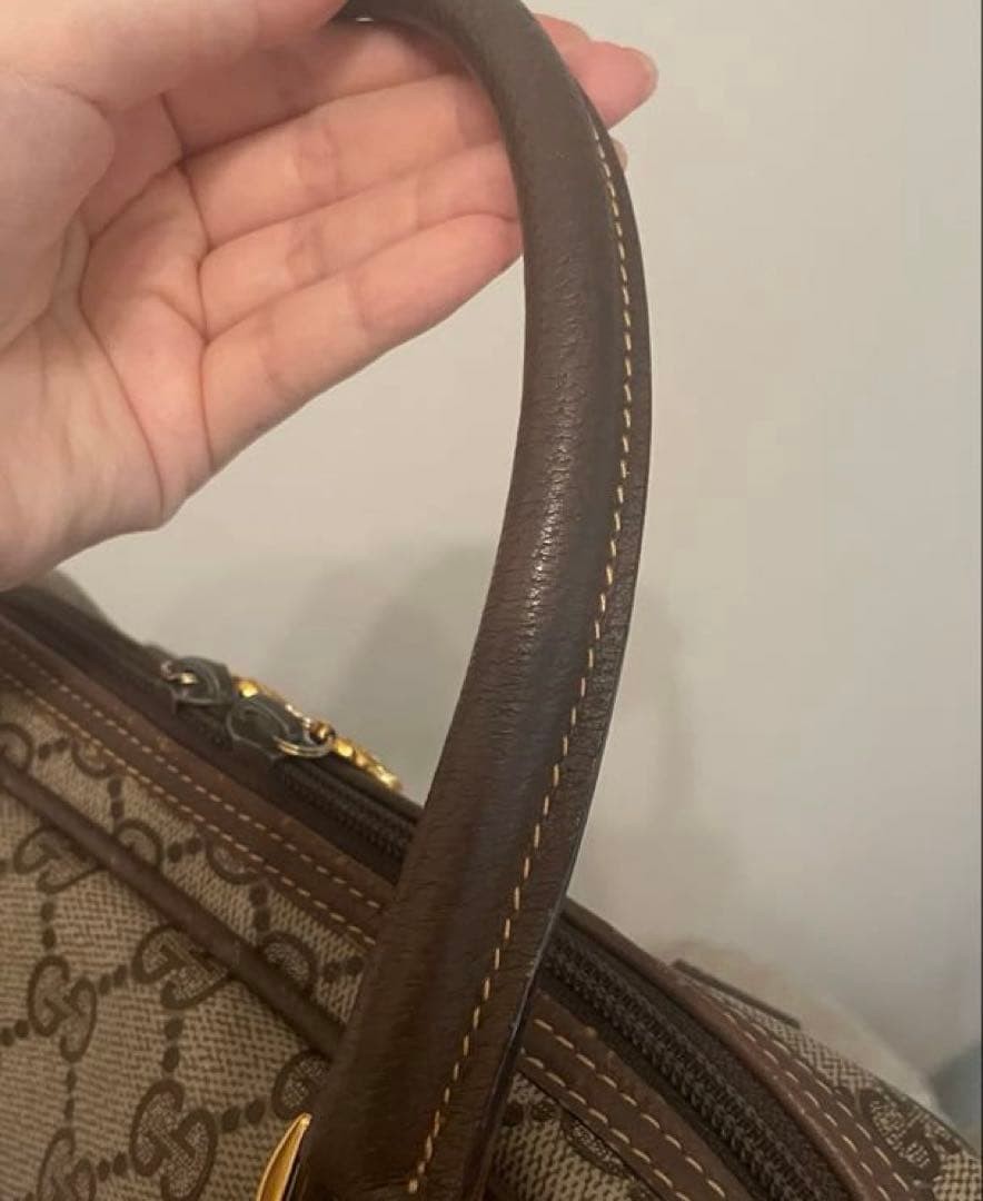 GUCCI GG Shoulder Bag Ziplock Leather PVC Brown Beige Gold Hardware From Japan