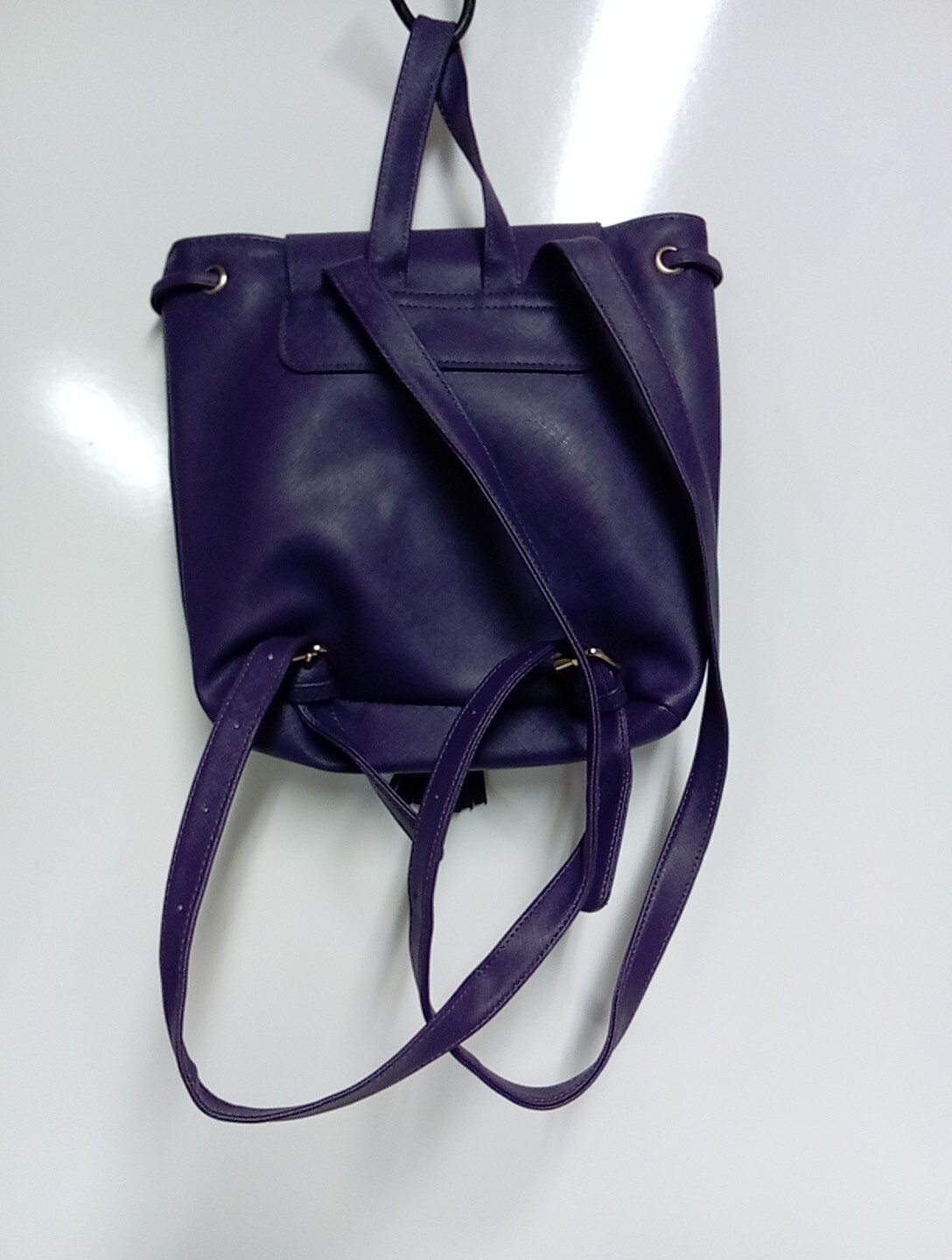 NEW Monat Purple Backpack Purse Faux Leather Drawstring Snap Button Polyester