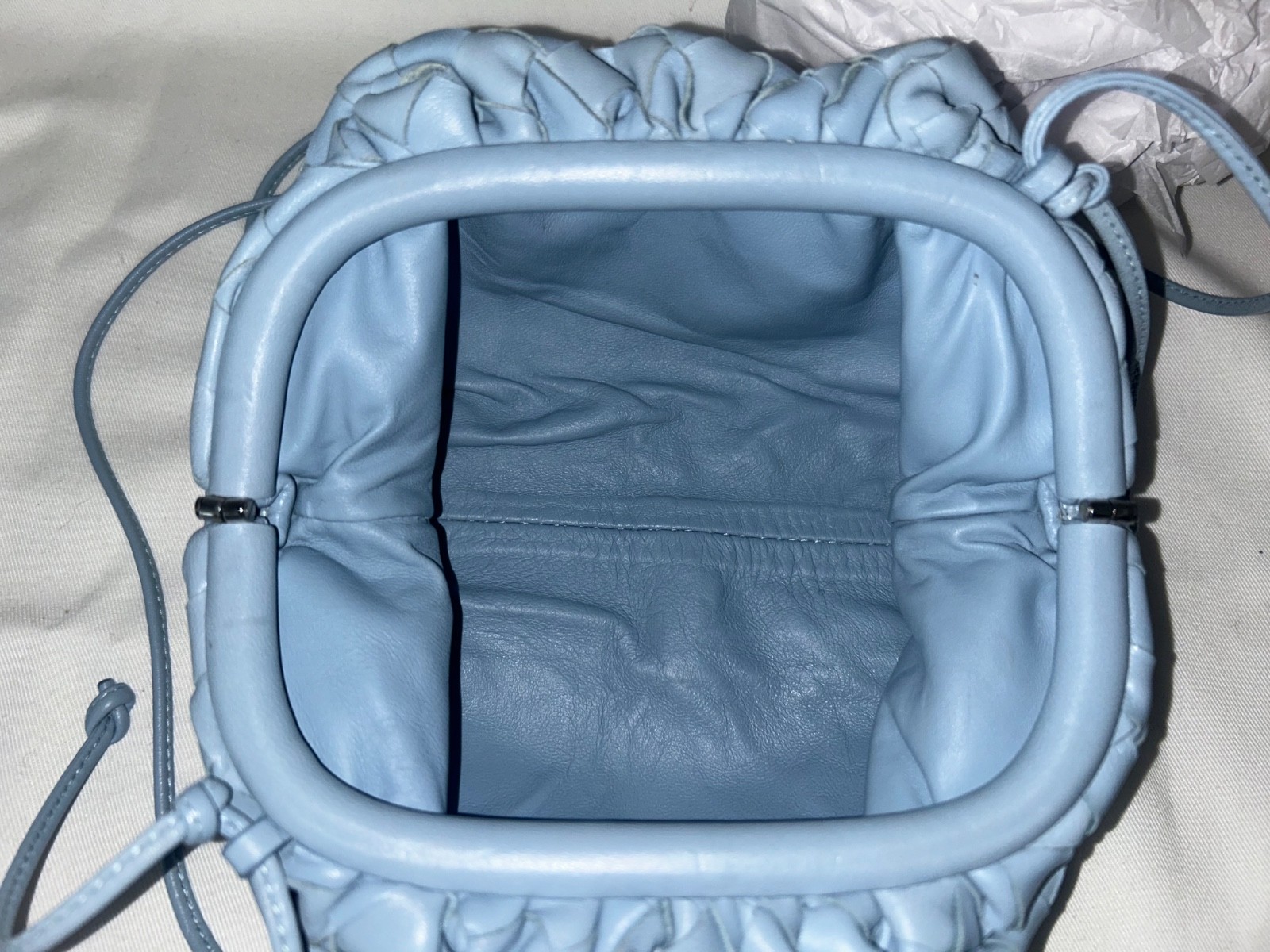 BOTTEGA VENETA Pouch Mini Crossbody Bag Woven Lambskin Leather Light Blue