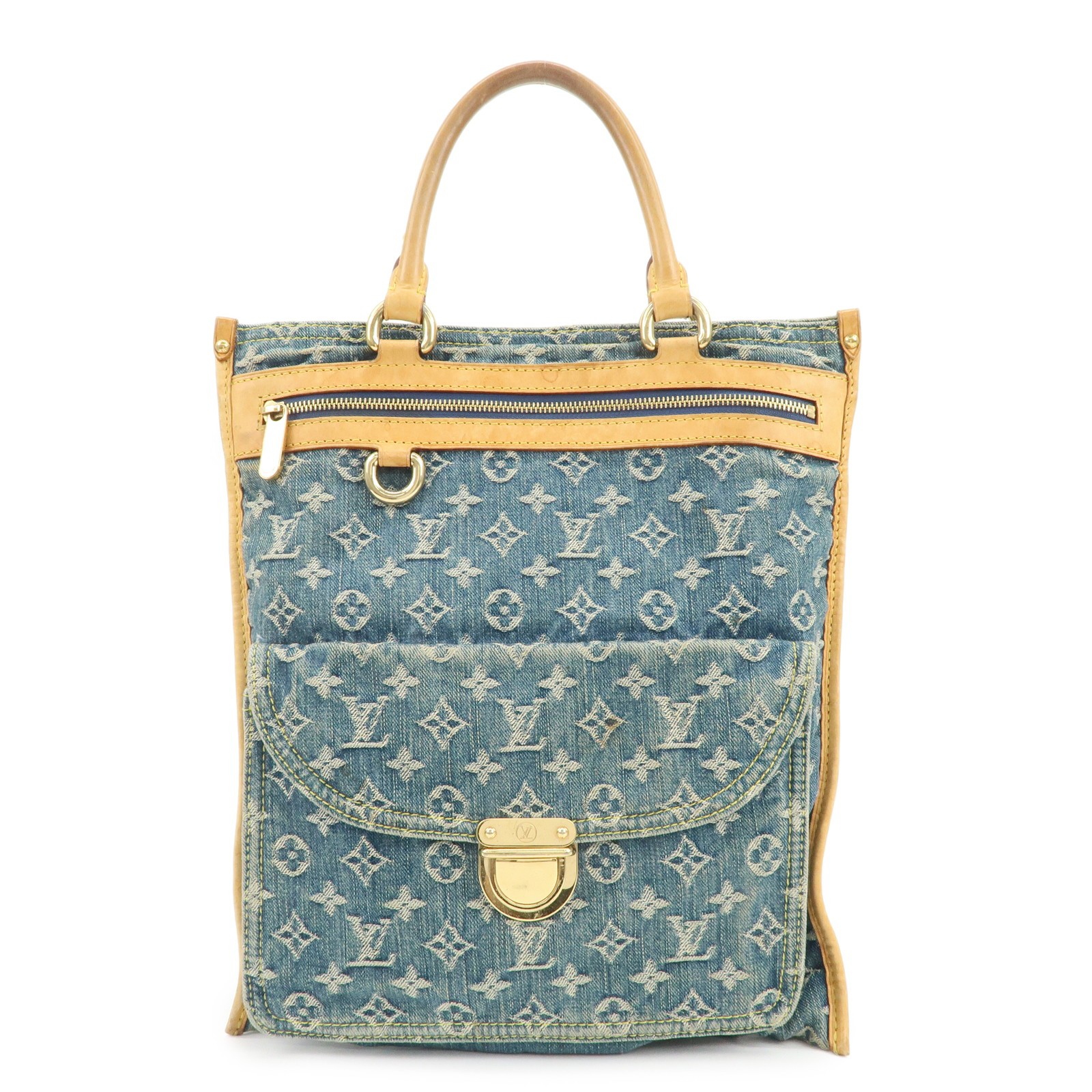 Louis Vuitton Monogram Denim Flat Shopper Tote Bag Blue M95018 Auth Used F/S