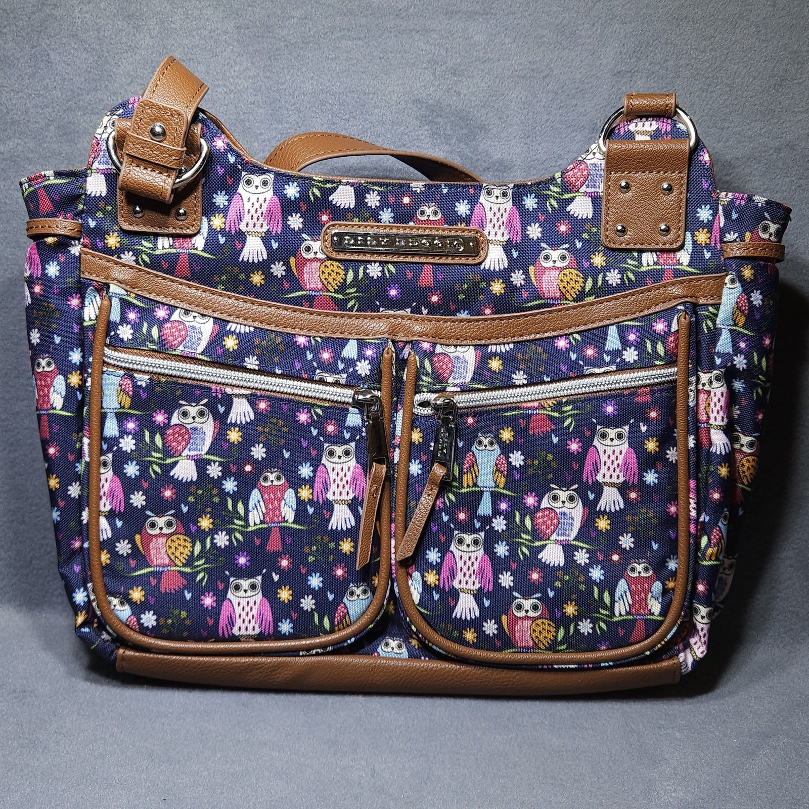 Lily Bloom Owl Print Crossbody Hobo Bag Womens Navy Blue Multi-Color Faux