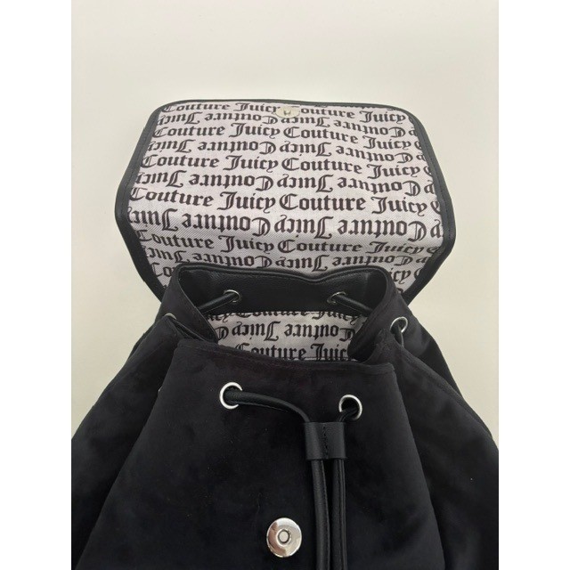 Juicy Couture Black Velour Backpack Silver Crown Logo Heart Charm Y2K Style