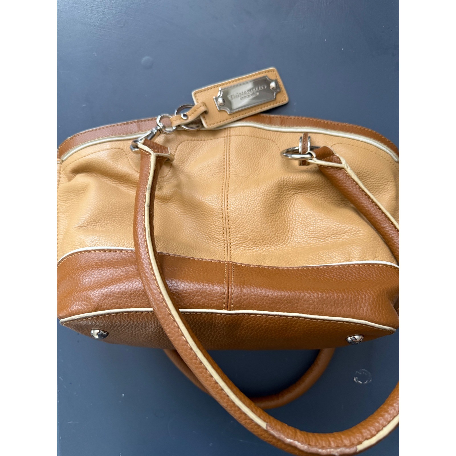 Tignanello Two Tone Tan Brown Pebbled Leather Shoulder Bag Hobo Purse Handbag