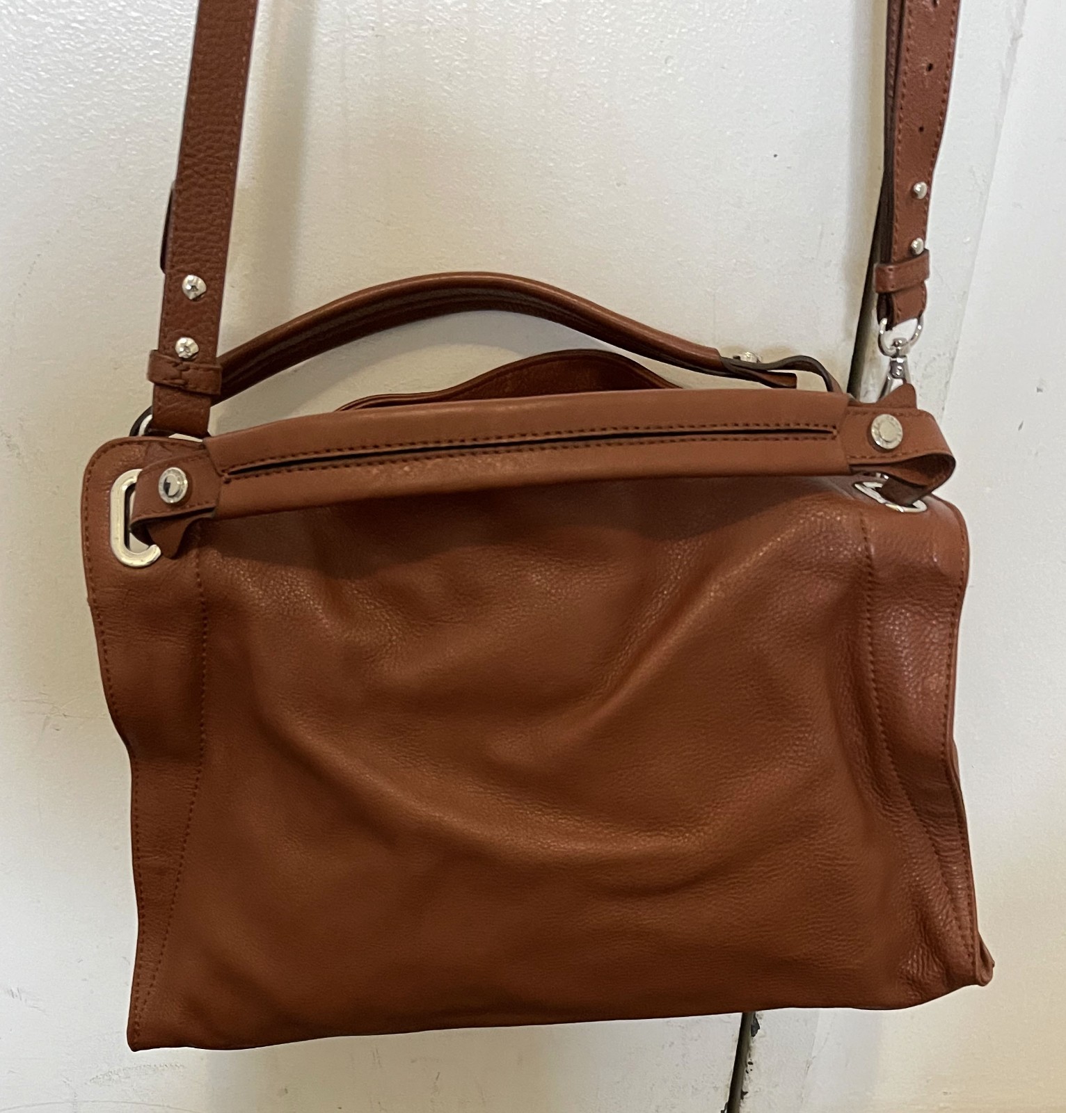 Nice SANDRO Brown Pebbled Leather Suede Detail Shoulder Hand Carry Bag NY FreePU