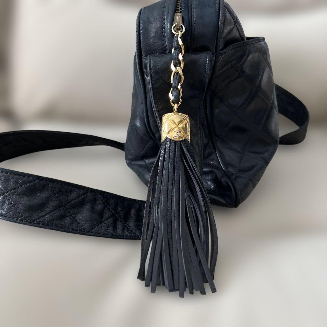 CHANEL Matelasse Lambskin Shoulder Bag Black Gold HW Tassel Chain 8.9×10.6in