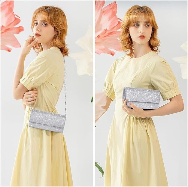 Rhinestone Evening Clutch Purse Silver Sparkling Wedding Party Bag w/ Chain