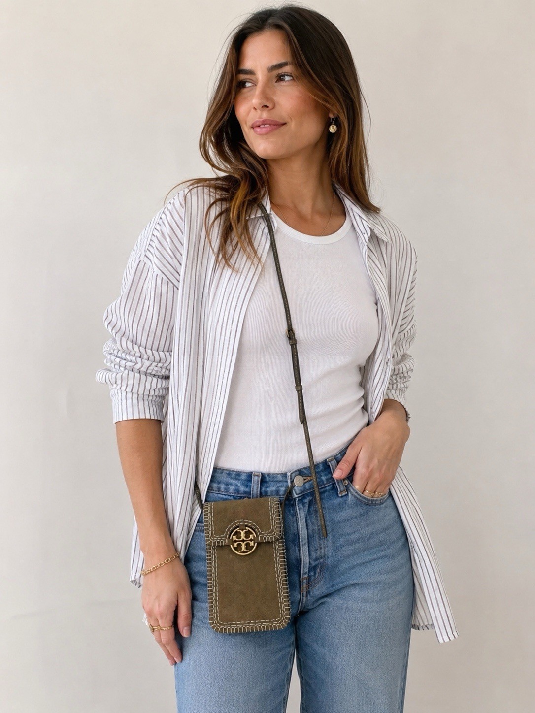 Tory Burch Miller Toasted Sesame Phone Crossbody Gold Logo Suede Phone Case