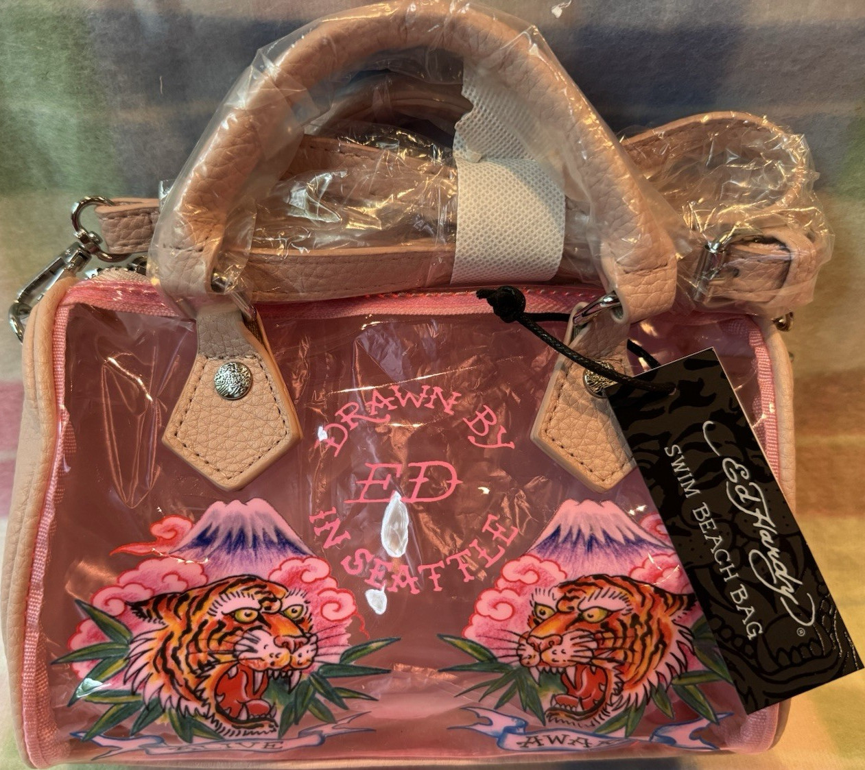 Ed Hardy Pink Tiger Tattoo Clear Satchel Embroidered Zipper Detachable Strap