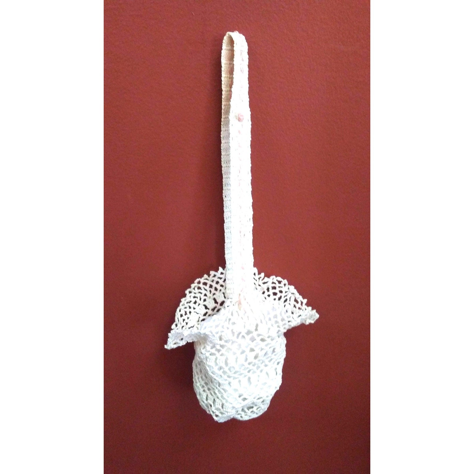 Antique Victorian Crocheted Handbag: Ecru Lace Purse, Pink Ribbon Detail