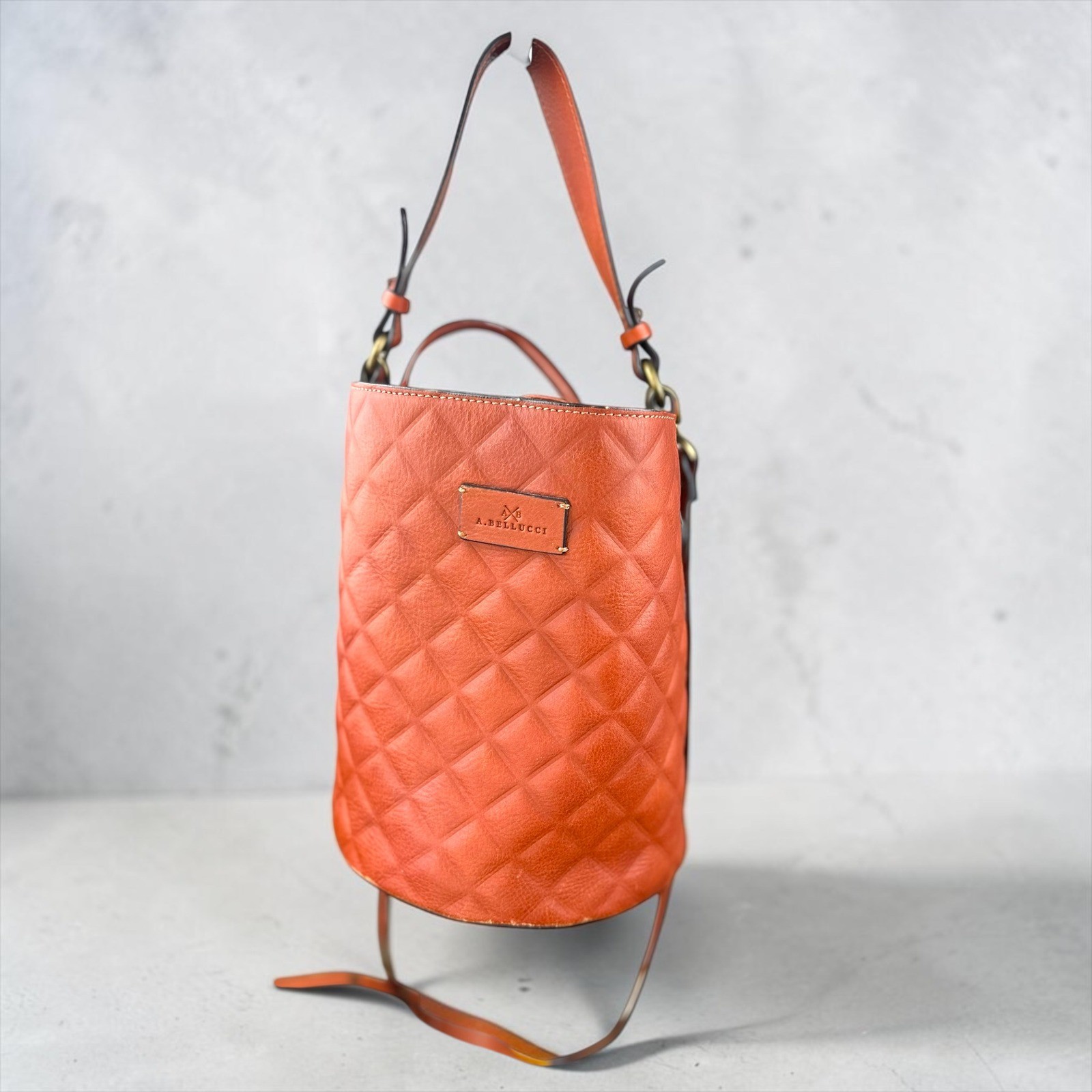 A. Bellucci Bucket Bag Medium Brown Quilted Leather Made in Italy Crossbody