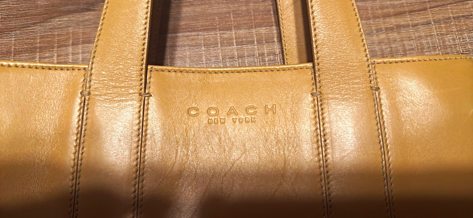 Coach Tan Zip-Top Tote Bag, Double Handles, Lined Brown Interior, Stitching