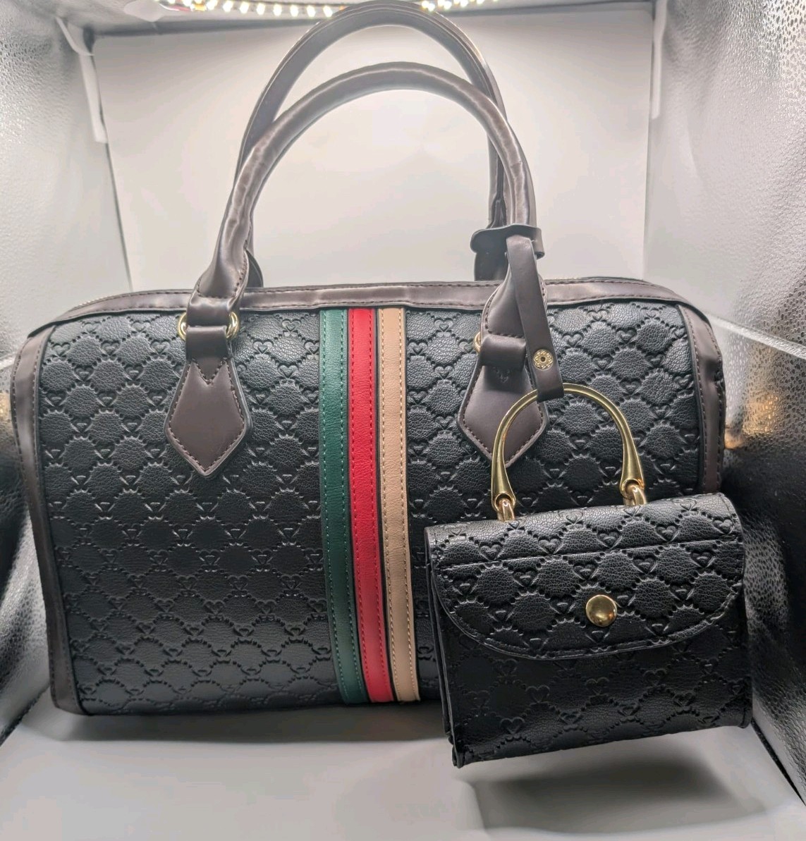 Women’s Black Monogram Satchel Top Handle Bag Red/Green Stripe Coin Purse