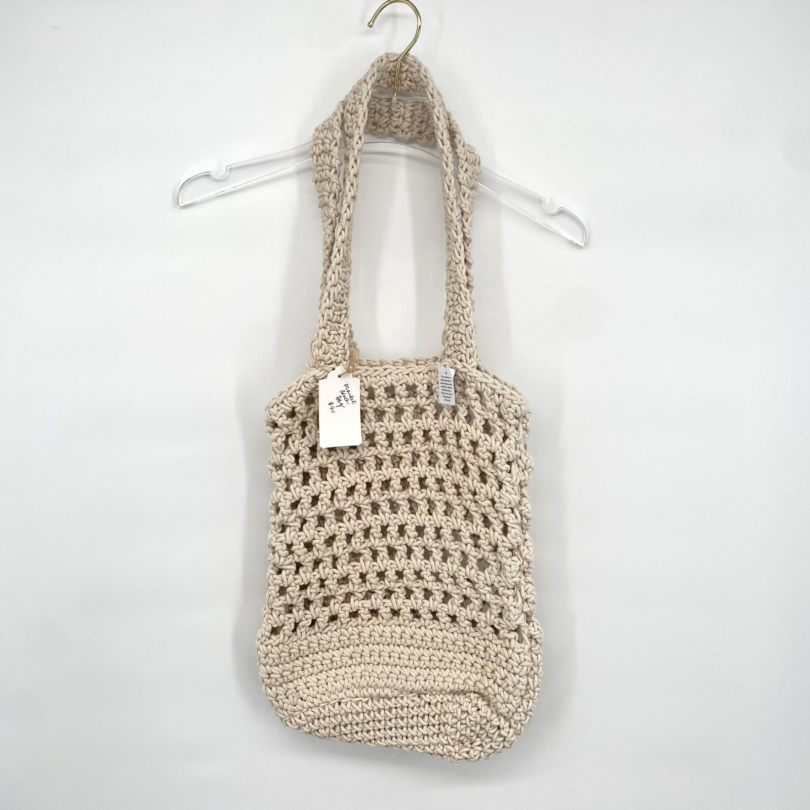 Handmade Macrame Cotton Tote Bag Medium Beige Market Beach Open Weave Netted