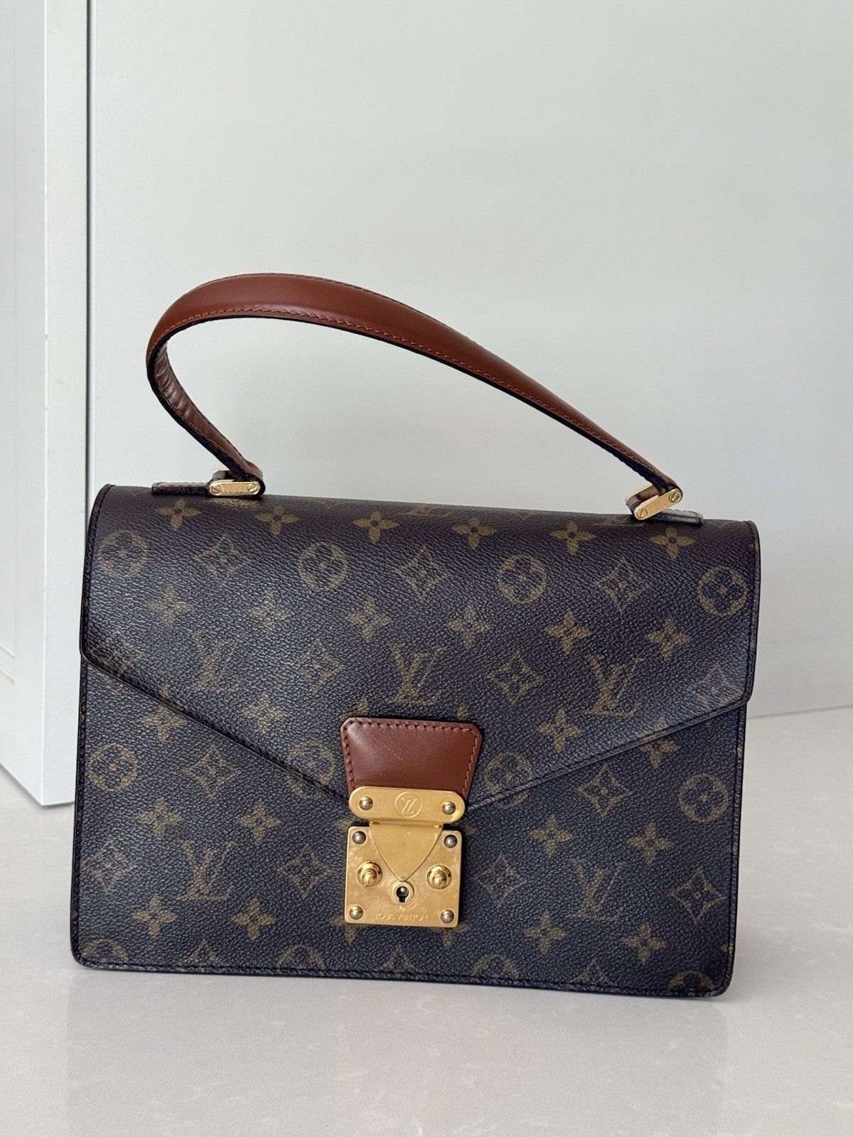 Louis Vuitton Monogram Brown Top Handle Bag Push Lock Gold HW Lock Logo Pockets