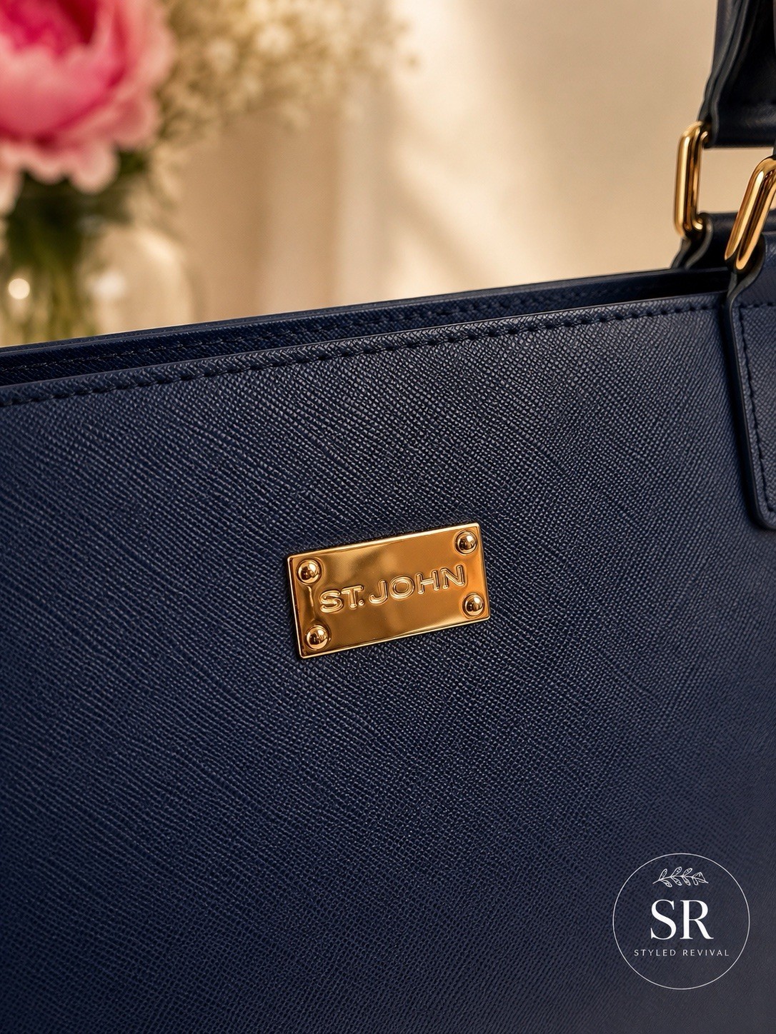 St. John XL Blue Saffiano Leather Work Tote Shopper Bag Gold Logo