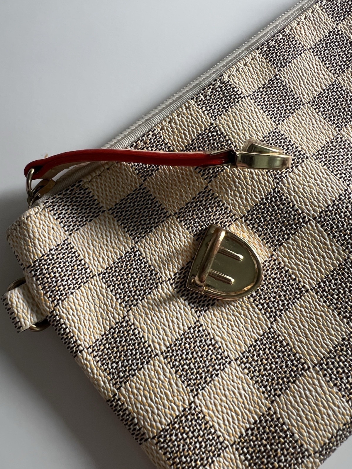 Beige Blue/Gray Checkered Zip Wristlet Small Pouch Bag Gold Tone Hardware