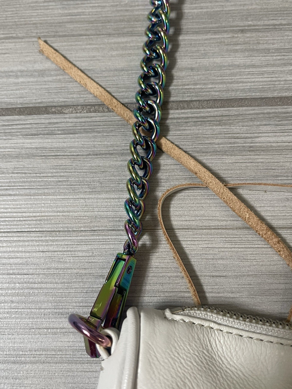 Rebecca Minkoff Mini Mac Crossbody Bag White Leather Iridescent Chain Strap Hook