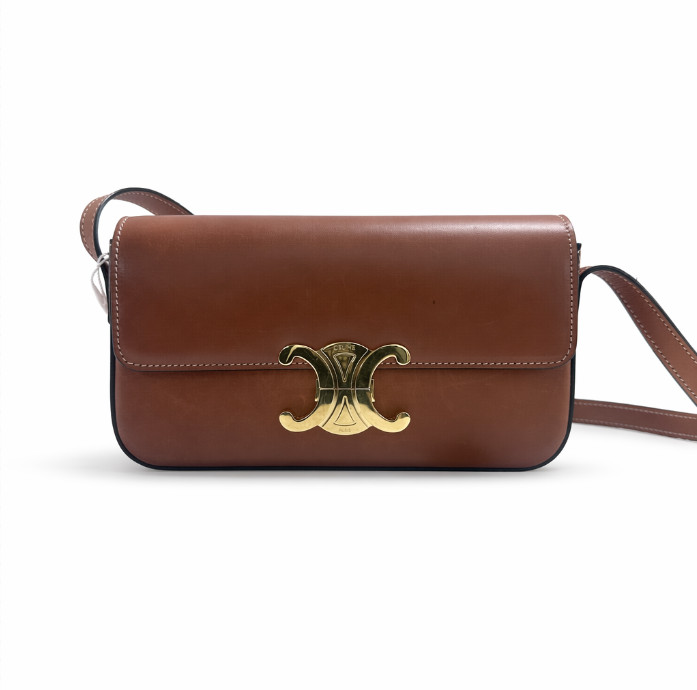 Celine Claude Triomphe Tan Brown Calfskin Leather Crossbody Shoulder Handbag