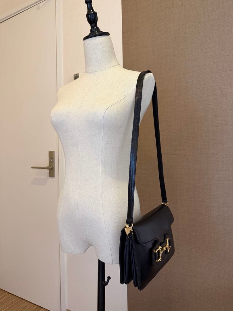 CELINE Old Horsebit Shoulder Bag Black Leather Vintage Authentic Rare
