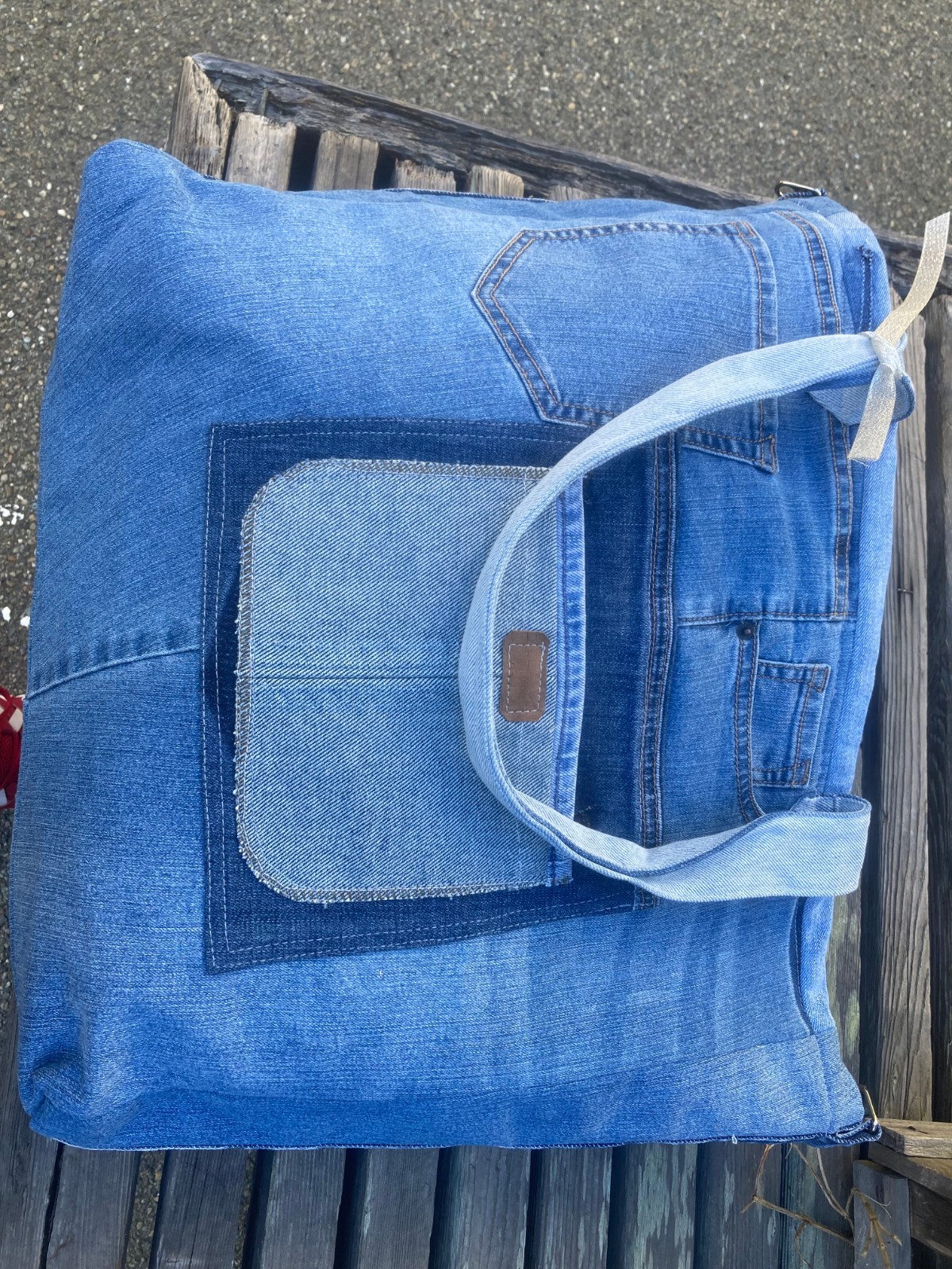 Denim jean bag/tote/purse from repurposed Jeans by Shotzi designs -extra pouch