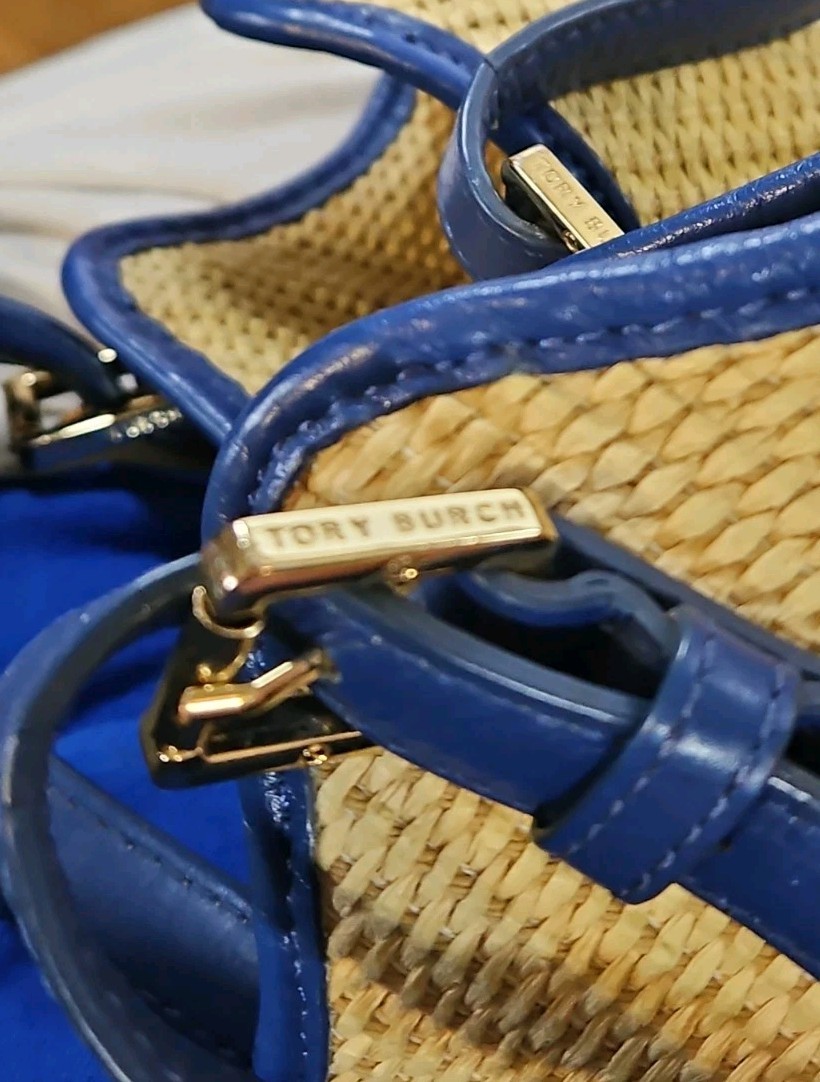 Tory Burch Straw/Raffia Tote Bag Blue Leather Trim 12 in. X 11 in. X 4 in. Large