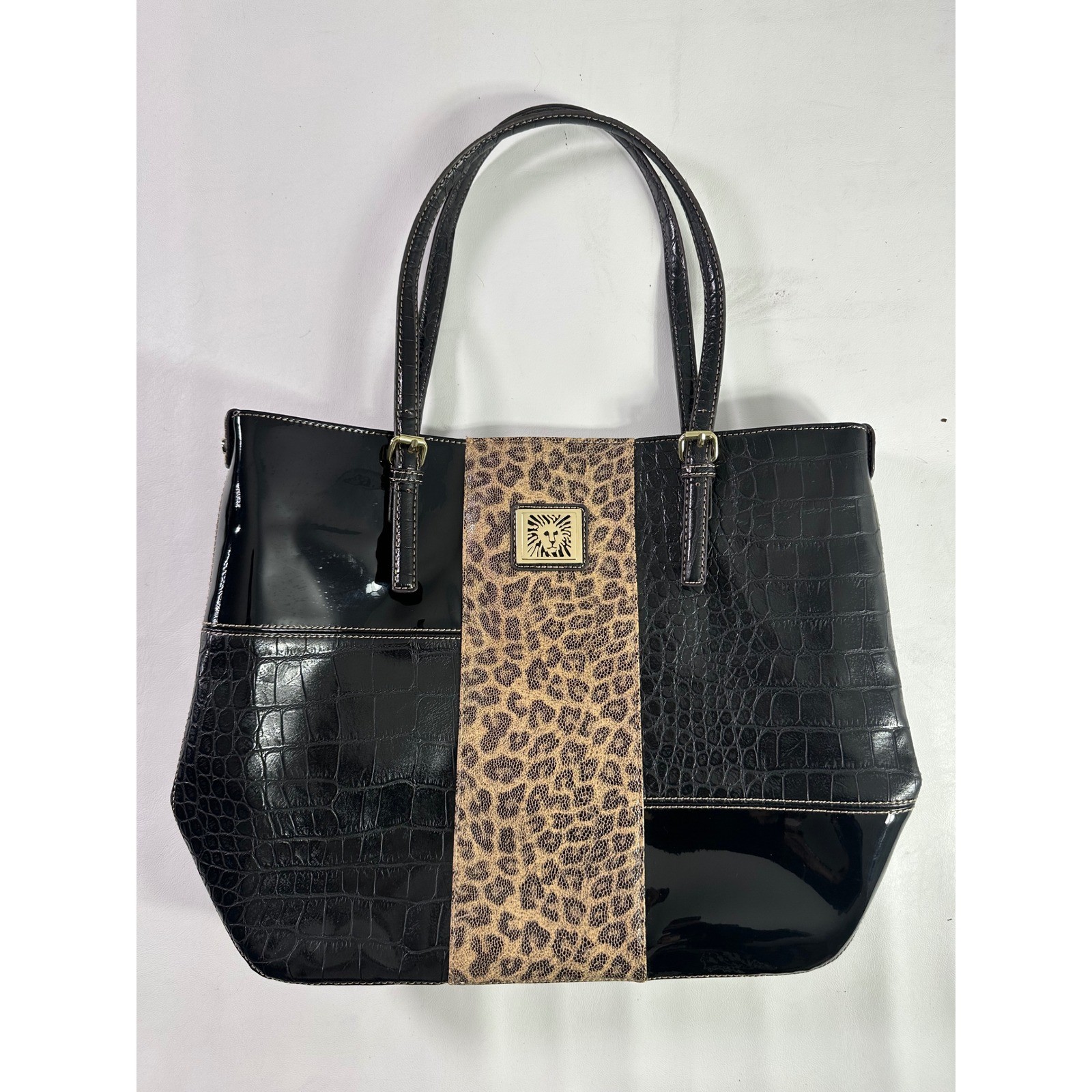 Anne Klein Black Croc Embossed Leopard Print Tote Bag Faux Leather Shoulder