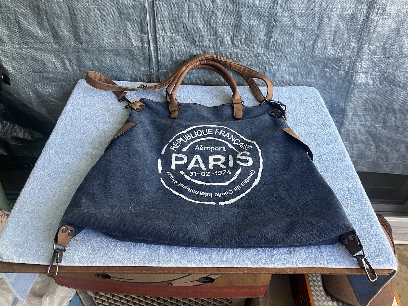 French Paris Republique Logo Canvas Tote Bag Hand Bag Blue