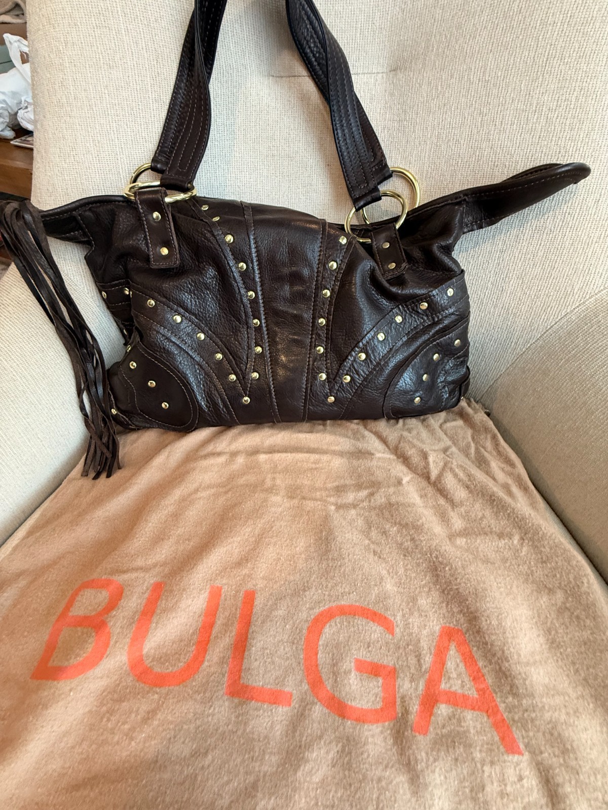 BULGA Dark Brown Studded Leather Shoulder Bag (With Dust Bag)