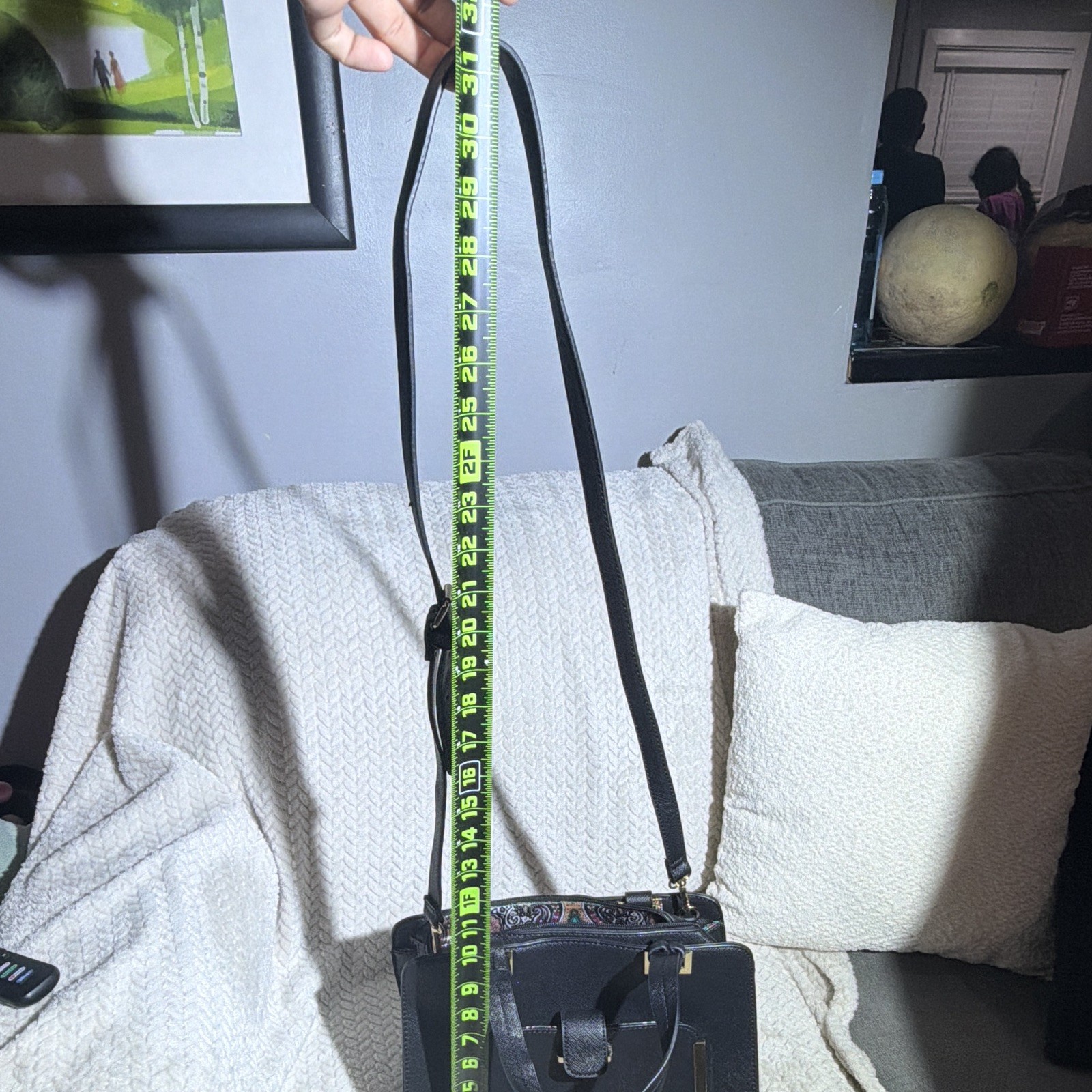 Black Satchel Top Handle Crossbody Bag, Gold Hardware, Zip, Detachable Strap