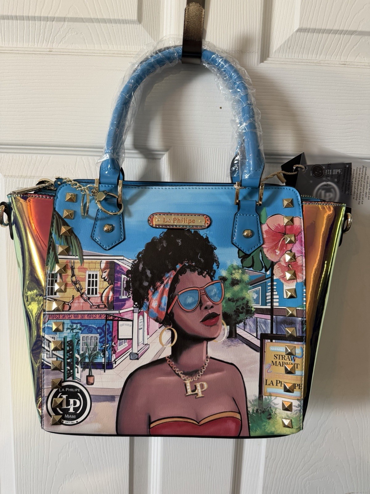 La Philipe Miami Graphic Print Satchel Top Handle Zip Studded Strap Blue