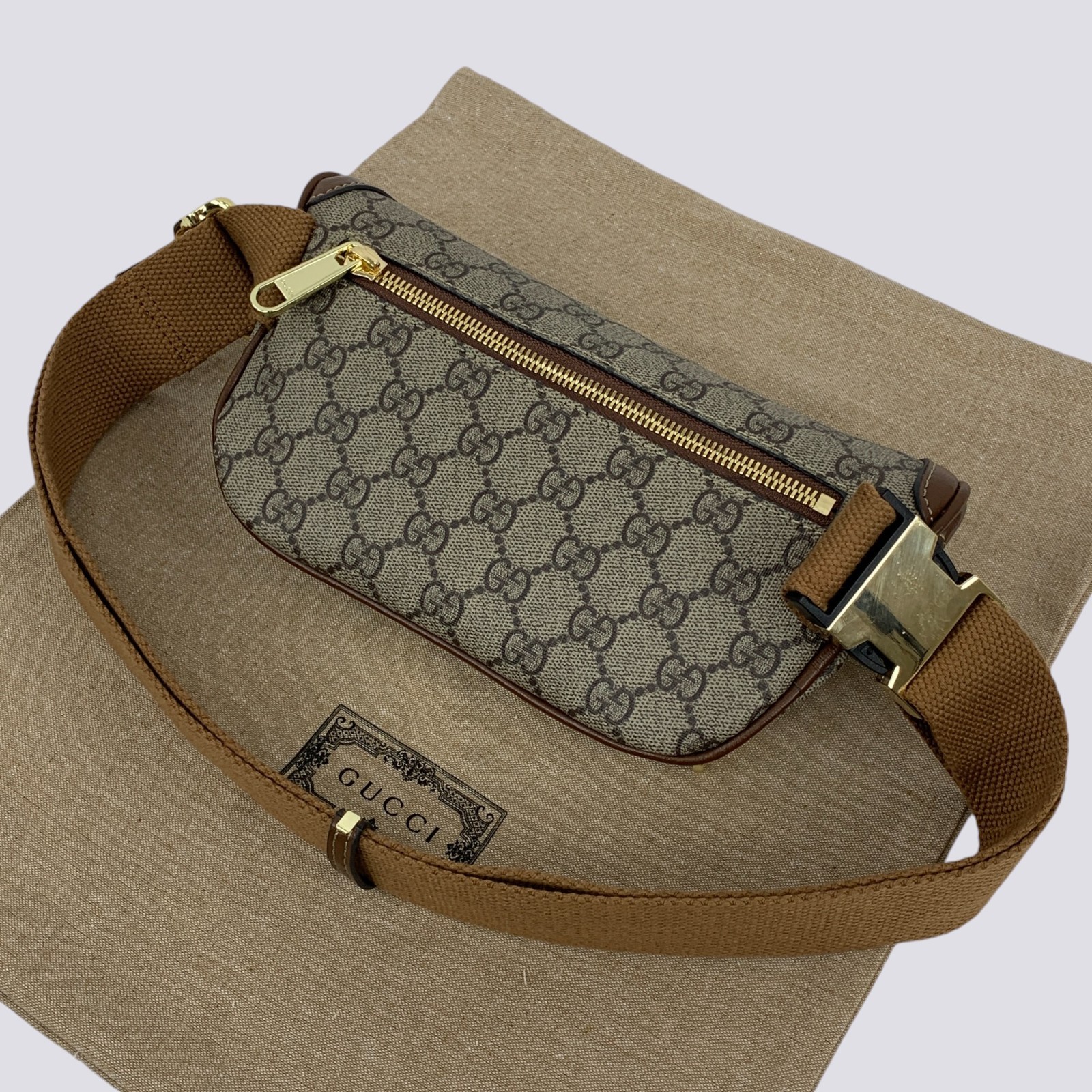 Gucci GG Monogram Interlocking G Canvas Leather Crossbody Belt Bag Beige 682933