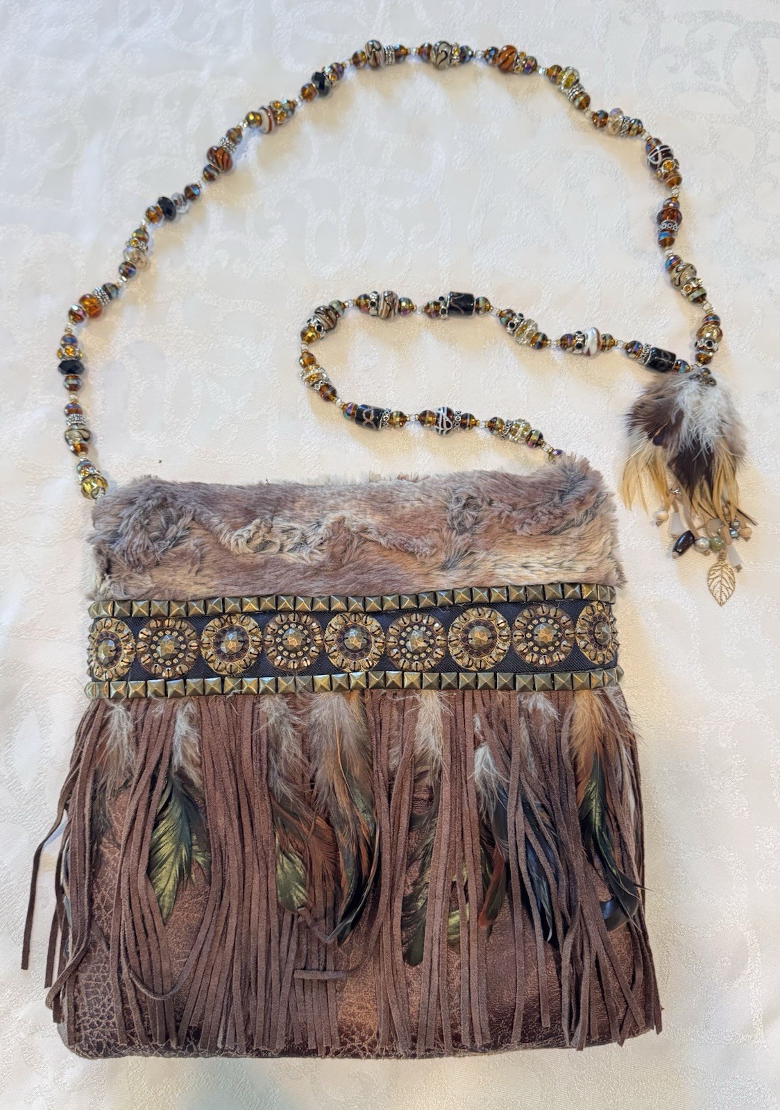 Handmade Boho Fringe Crossbody Purse Beaded Strap Faux Fur Feather Festival Bag