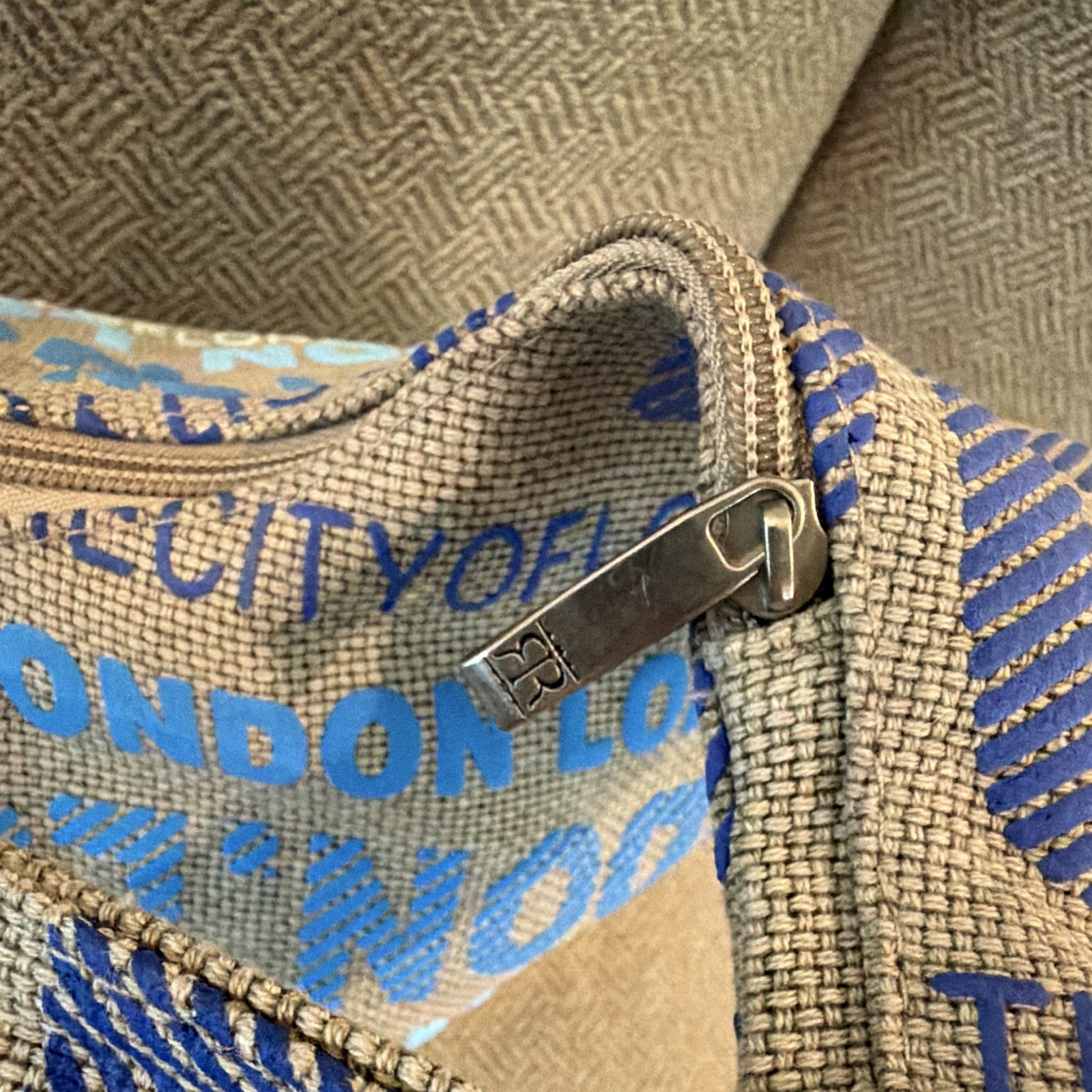 Robin Ruth London Text Print Shoulder Bag Brown Blue White Zip Lined Pockets